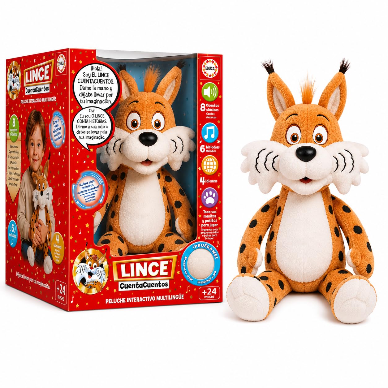 Educa Lynx Conteur | Peluche Interactive éducative avec Contes Audio et Musique pour Enfants | Cadeau pour Enfants 2 Ans (20360)