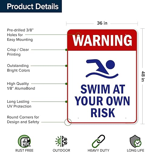 Vista 91 de Señal de advertencia de natación a tu propio riesgo, 10 x 14 pulgadas, libre de óxido, aluminio 040, resistente a la decoloración, fabricado