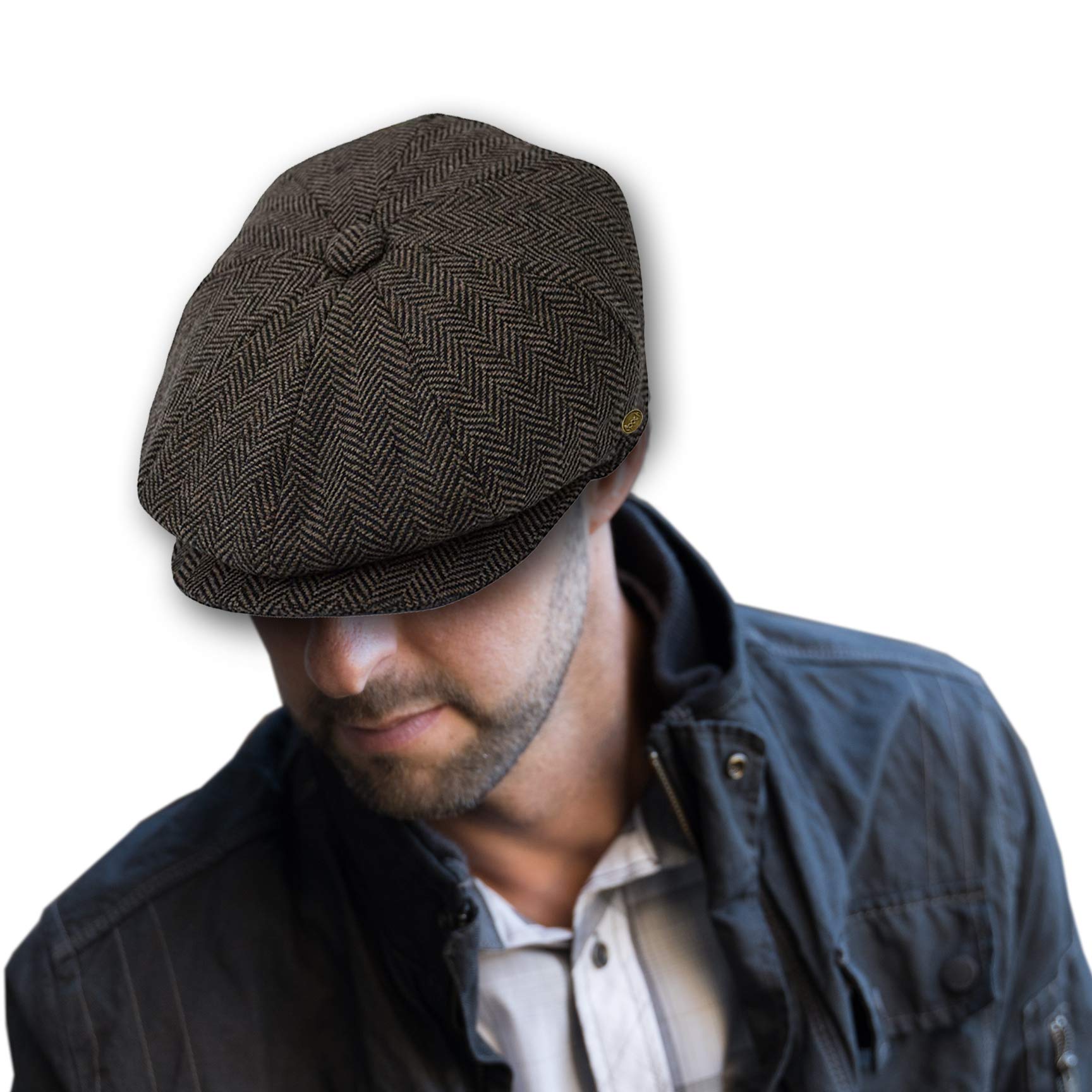 Epoch hatsMen's Wool Newsboy Cap, Herringbone Driving Cabbie Tweed Applejack Golf Hat