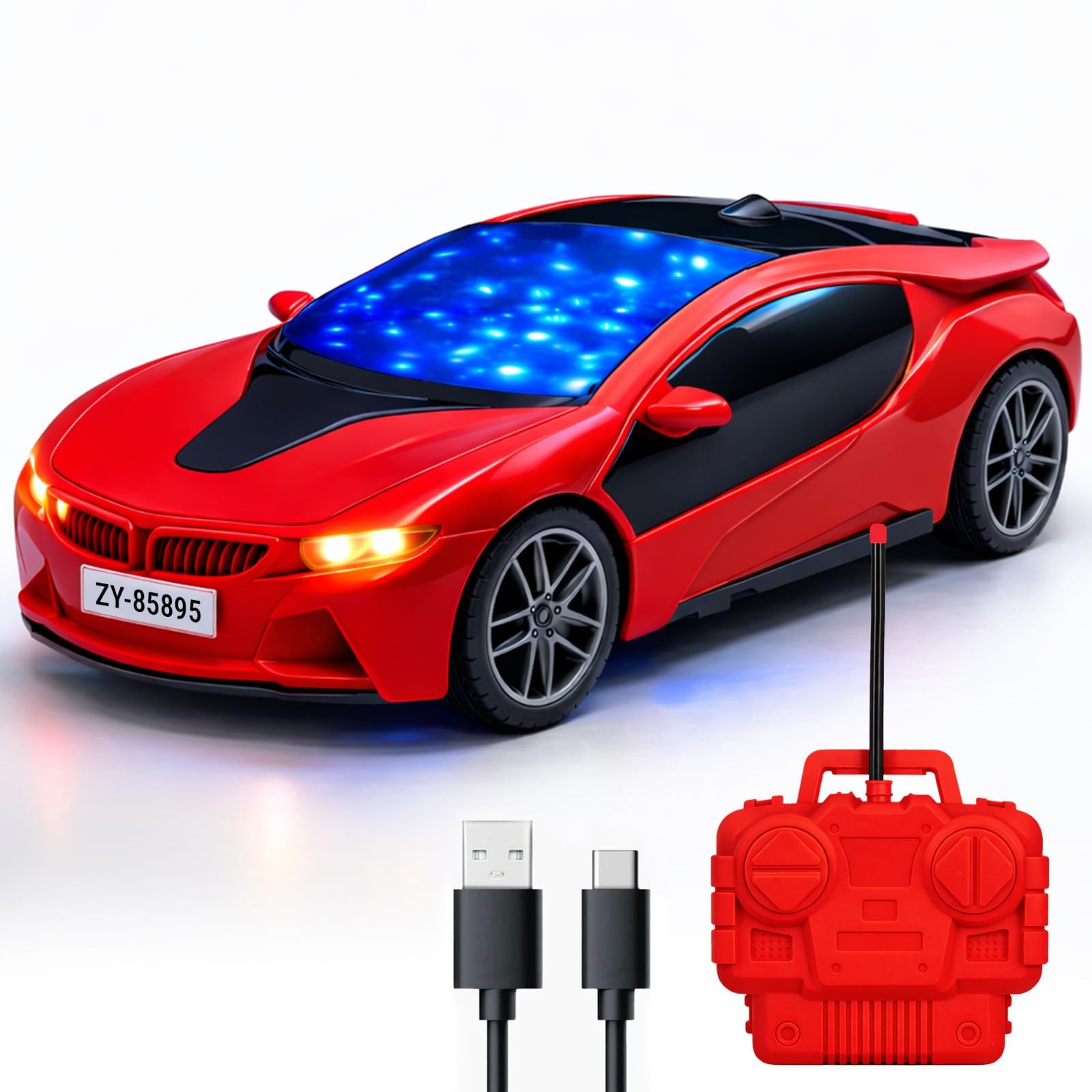 Zivvy Red Rechargeable Remote Control Car Toy, RC Racing Vehicle for Children, High Speed, 3D LED Light Car, Kids Battery Car, RC for Boys & Girls, Toys for Kids, Birthday Gift for Boys and Girls