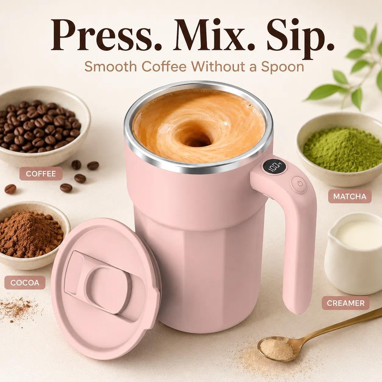 Self Stirring Coffee Mug, 12oz Rechargeable Magnetic Mixing Cup with Temperature Display, 316 Stainless Steel Electric Stirring Cup with Lid & Handle for Coffee, Cocoa, Matcha, Creamer, Mushroom Coffe