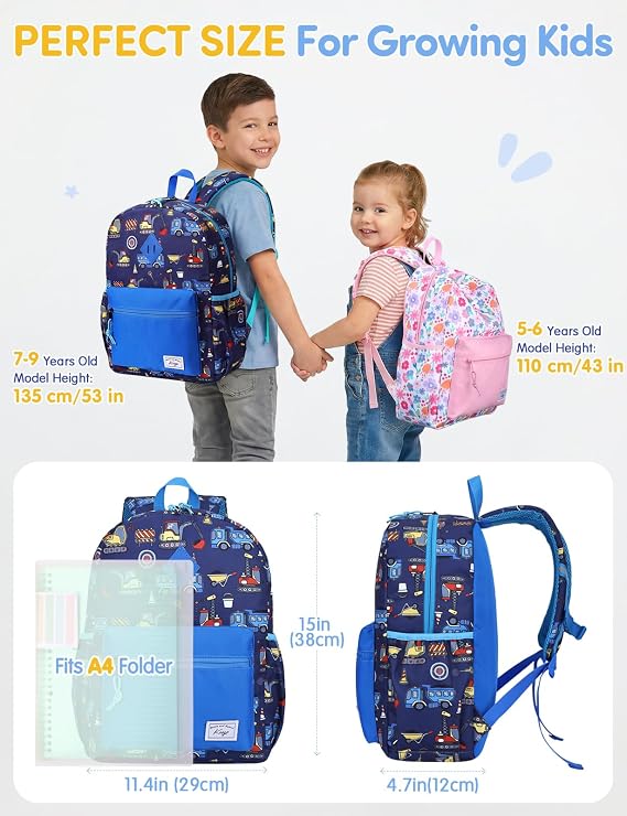 Kids Backpack for Boys Girls, 13L Lightweight Water-Resistant Primary School Bag for Year 1-3 Ages 6-9, Fits A4 Folder, with Chest Strap & Water Bottle Holders, H: 38 cm