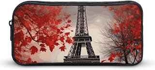 Eiffel Tower Autumn Leaves Pencil Pouch Soft Large Capacity Pencil Case | Aesthetic Mini Makeup Bag with Metal Zipper, Portable Zipper Pouch Women, Slim Pencil Bag for Office Home Travel Organizer