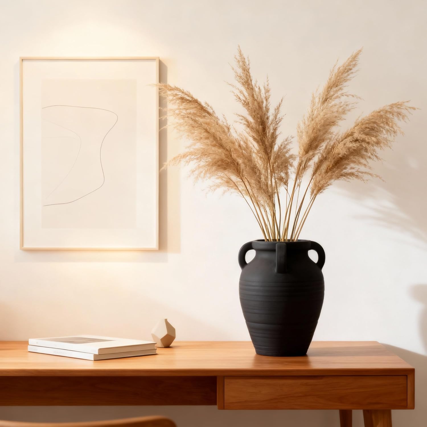 Handmade Flower Vase, 8.2" Rustic Terracotta Vase with 4 Handles, Vintage Ceramic Flower Vase, Matte Black Ear Pot for Entryway, Table, Shelf, Living Room, Fireplace, Home Decor (Clear Black)