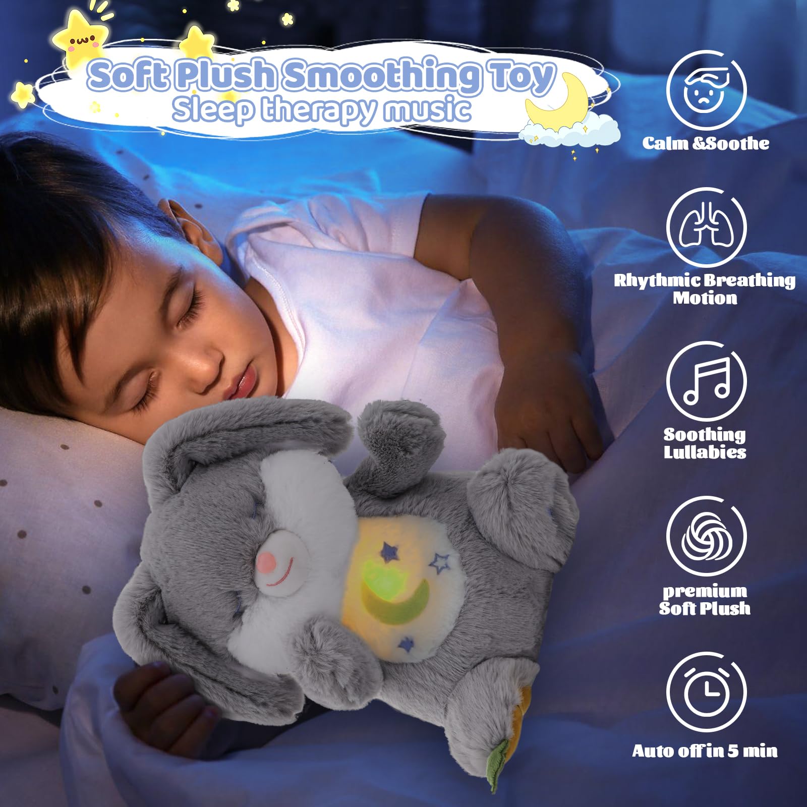 seOSTO Soothing Bunny Breathing Bunny Teddy Plush with Light and Breathing Musical Soothing Doll for Baby Toys New Baby Gifts Anxiety Teddy for Adults - Image 2