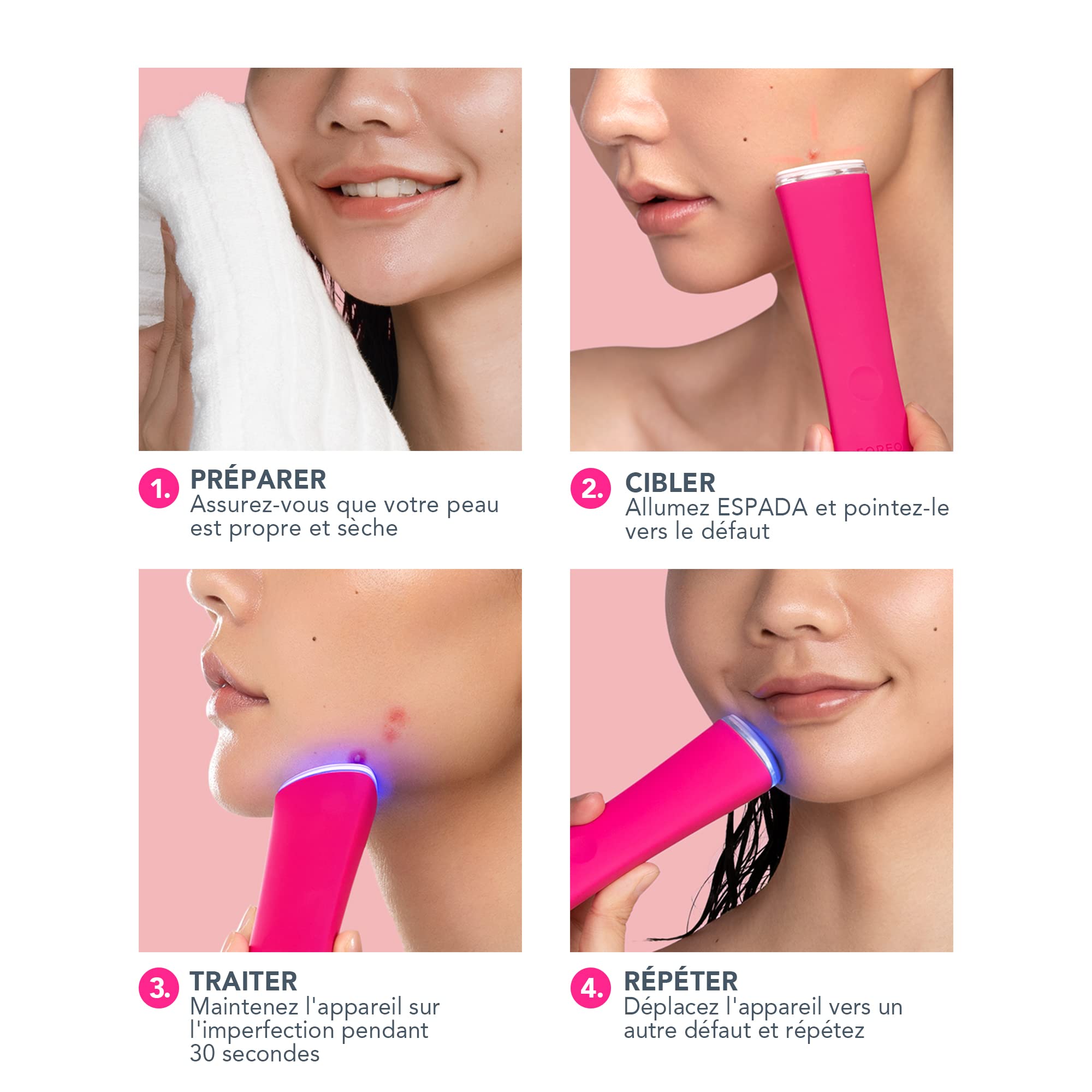 FOREO ESPADA Appareil traitement de l'acné par lumière LED bleue, traite les cicatrices d'acné, élimine les boutons et l'acné, nettoie et purifie la peau, silicone de qualité médicale.