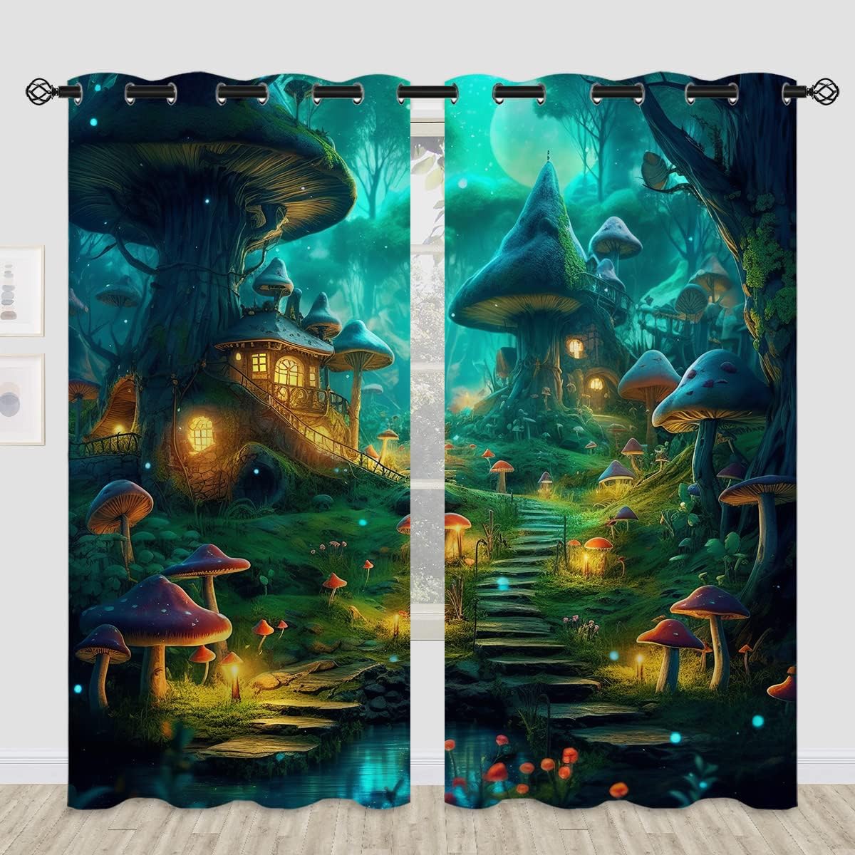 Forest Fairy Tales Blackout Curtains for Girls Boy Home Decor, Mushroom Wonderland Fantasy Grommet Thermal Insulated Drapes Darkening Window Curtain for Bedroom Living Room, 84 x 84 Inch