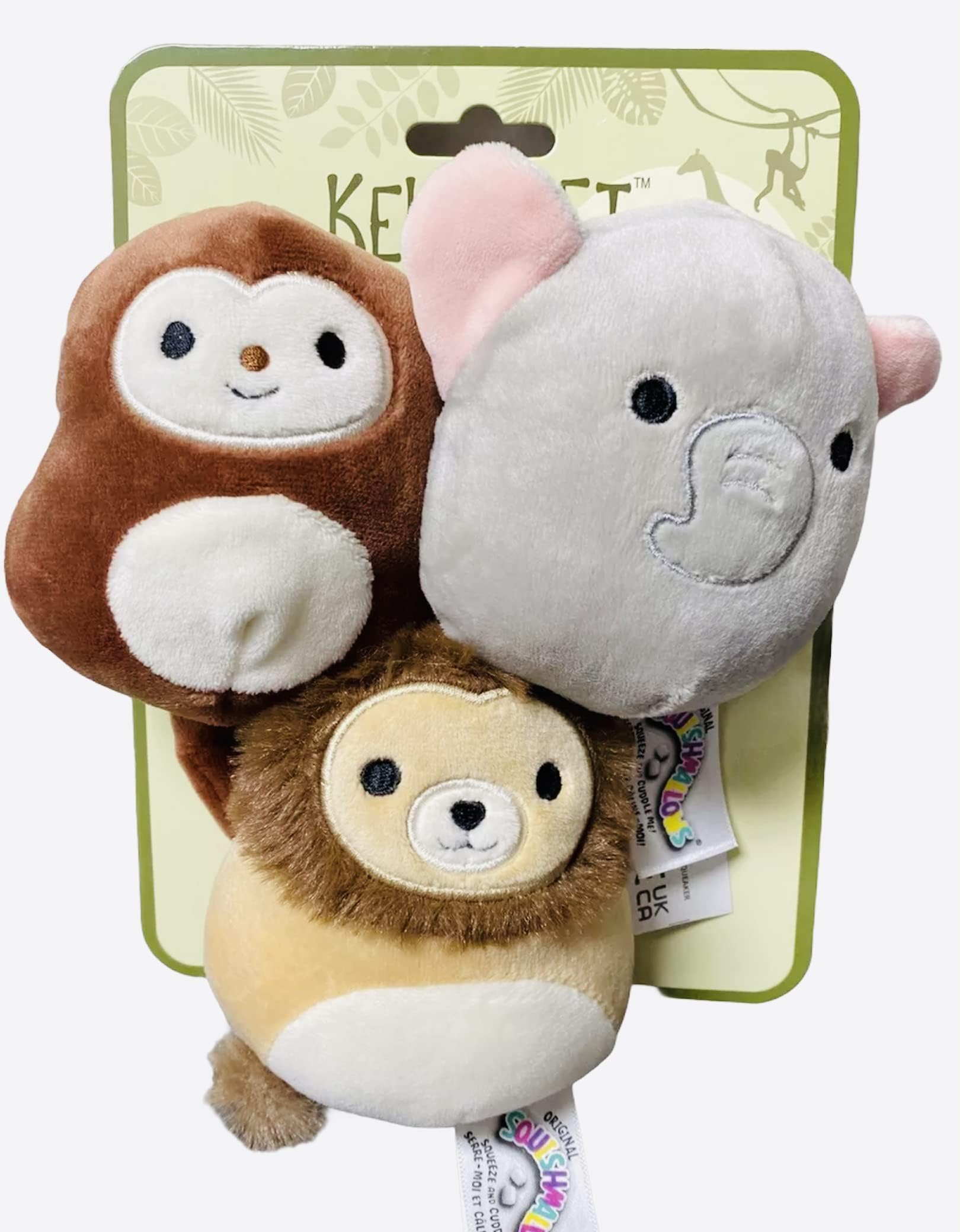 KellyToy KellyPet Squishmallows 3.5” Jungle Squad Dog Toys with Squeaker Set of 3 Elephant, Monkey, Lion