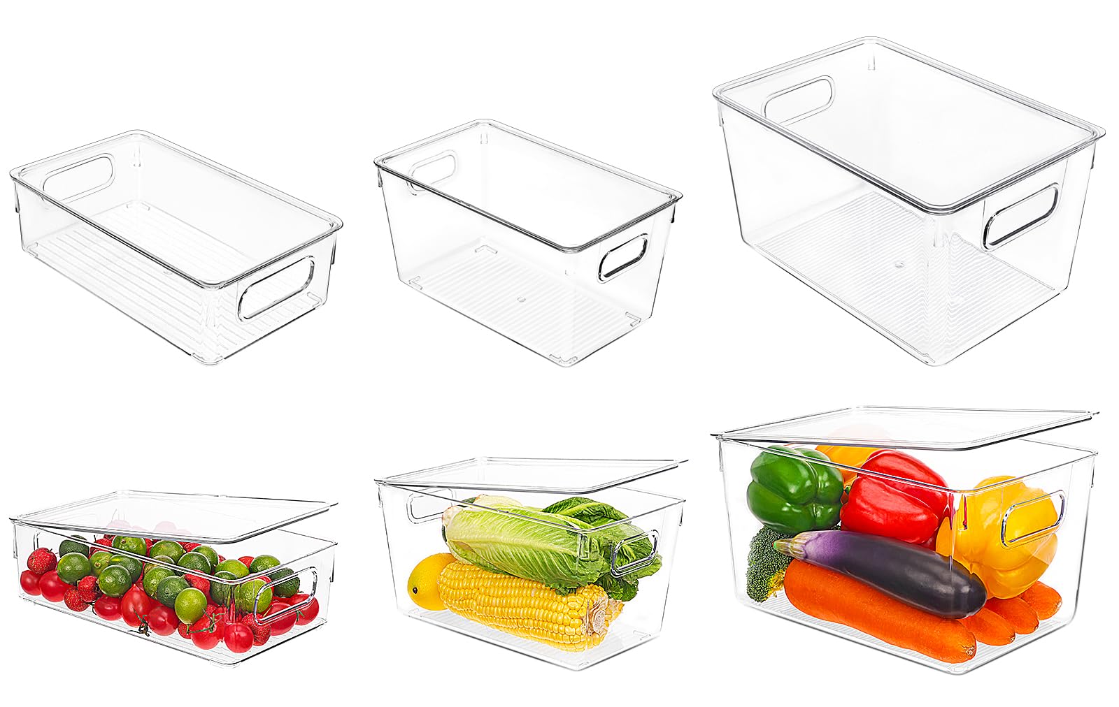 Moretoes Refrigerator Organizer Bins with Lids 6pcs, Stackable Storage Bins, Fridge Organizers and Storage, Fruit Storage Containers for Fridge, 3 Different Sizes for Food Vegetable Drinks Kitchen