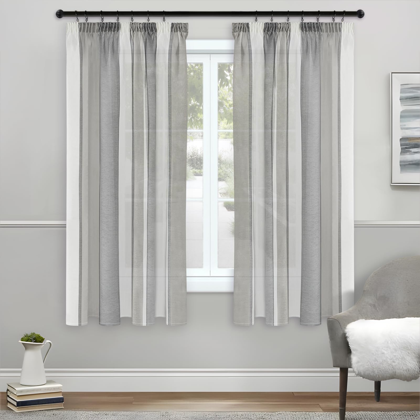 MRTREES Cortinas Cocina, Rayas Anchas Verticales, Cortina Exterior terraza habitacion Blancas Gris Oscuro 2X A140xL145CM semiopacas