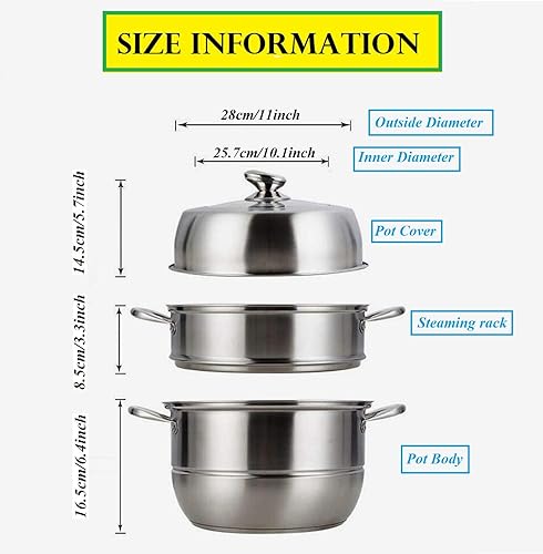 Miniatura 6 de Olla de vapor de acero inoxidable de fondo grueso, vaporizador de alimentos de 3 niveles para cocinar, olla de vapor de metal grande, trabajo para