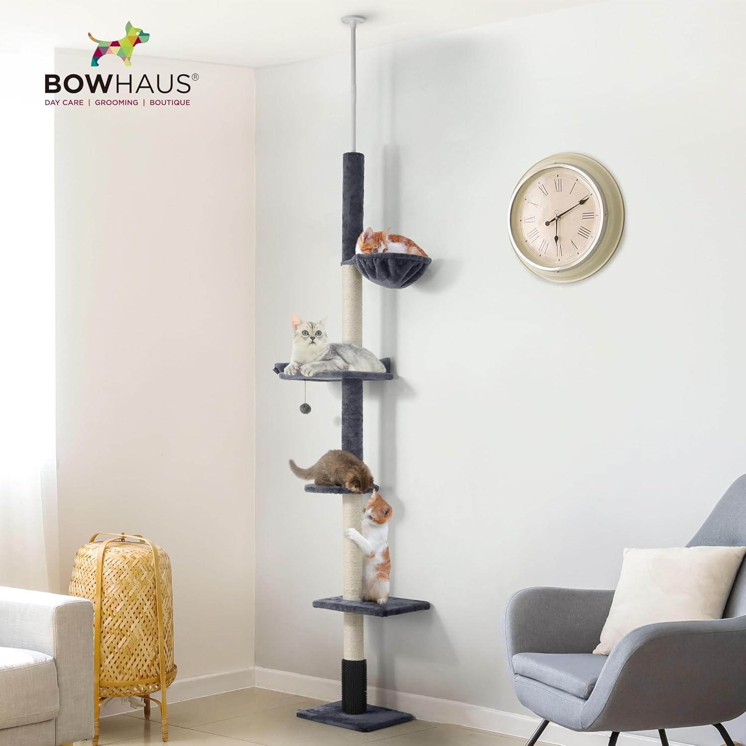 BOWHAUS Floor to Ceiling Cat Tree, Adjustable Height 104”-115” Multi-Tier Cat Climbing Tower w/Itching Scratcher, Cozy Hammock, Interactive Playball, Platforms for Indoor Cats, Beige