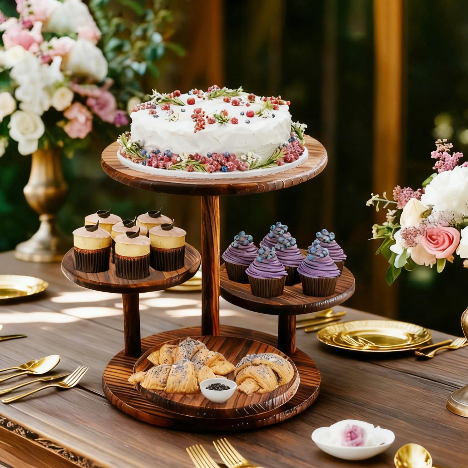 Supporto per torte e cupcake a 4 ripiani, in legno, per dolci, dolci, ciambelle, per matrimoni, compleanni, feste a tema, decorazioni natalizie