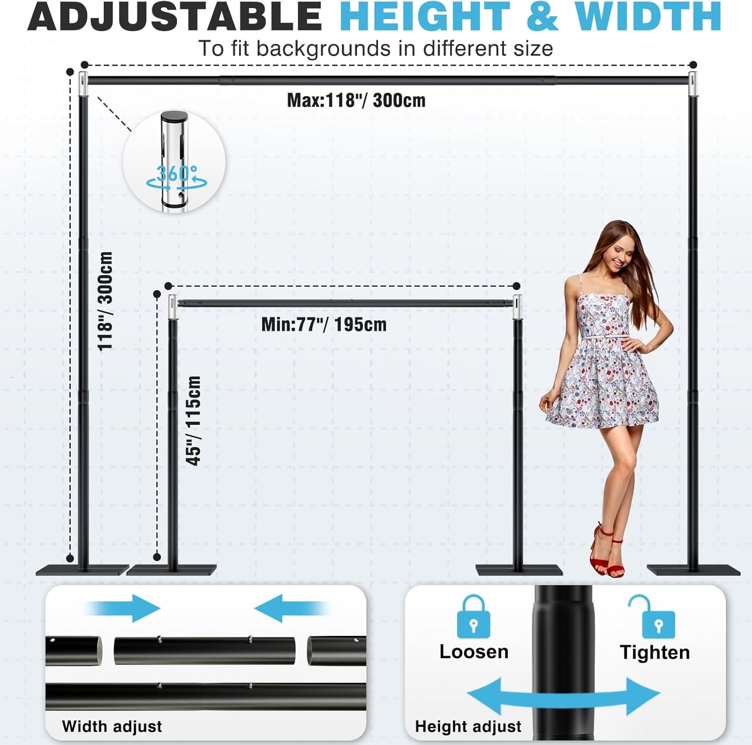 Pipe and Drape Backdrop Stand, 10x10ft Heavy Duty Backdrop Stand with Metal Base, Adjustable Height & Width, Black Background Holder for Wedding Photography Birthday Party Baby Shower Decor