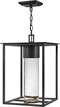 Hinkley Coen Medium Hanging Outdoor Lantern, Composite, Clear Seedy Glass, Dark Sky, Black Finish