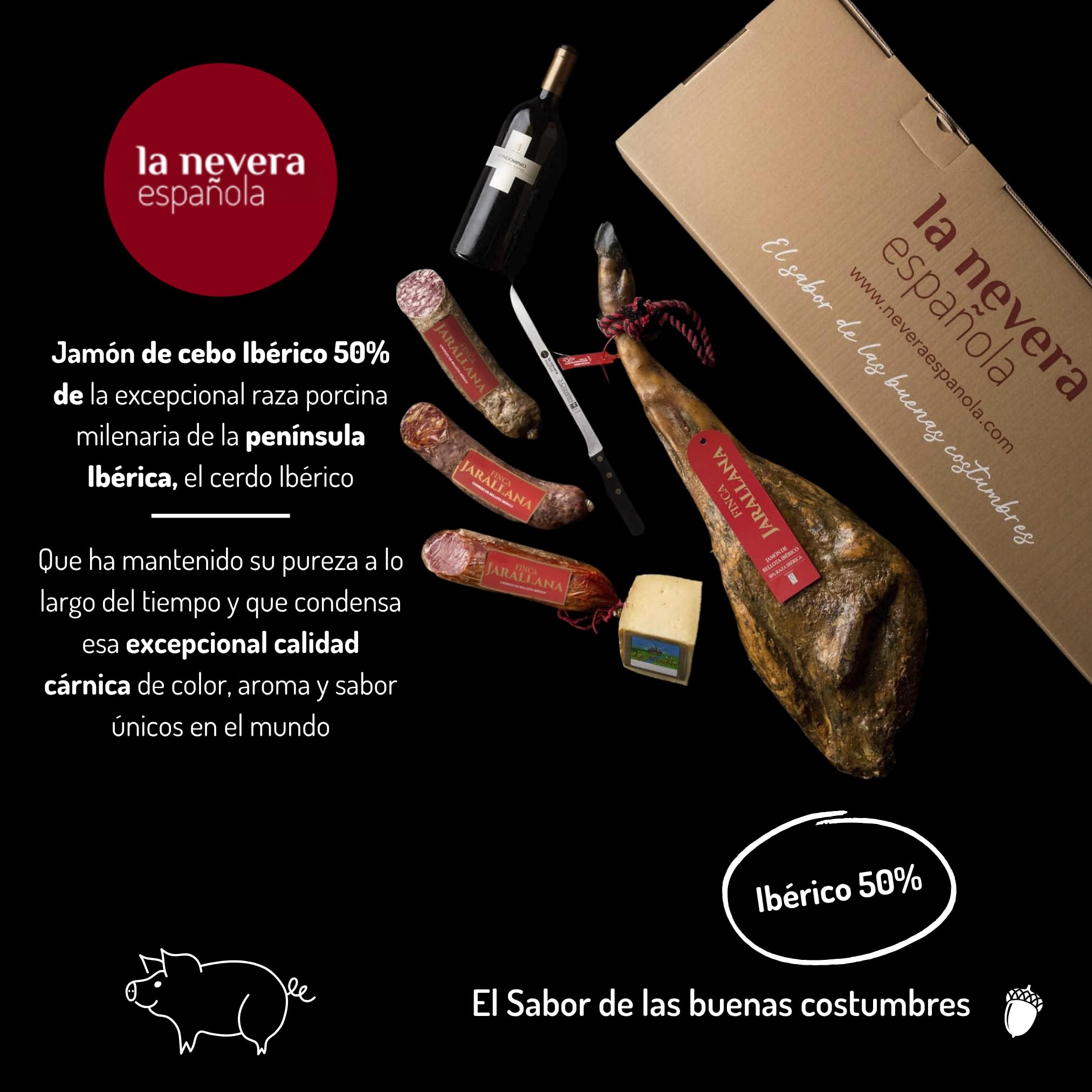 La Nevera Española - Lote Ibérico de Bellota con Jamón, Lomo, Salchichón, Chorizo y Queso de Oveja - Con Botella Ribera del Duero - Delantal de Regalo