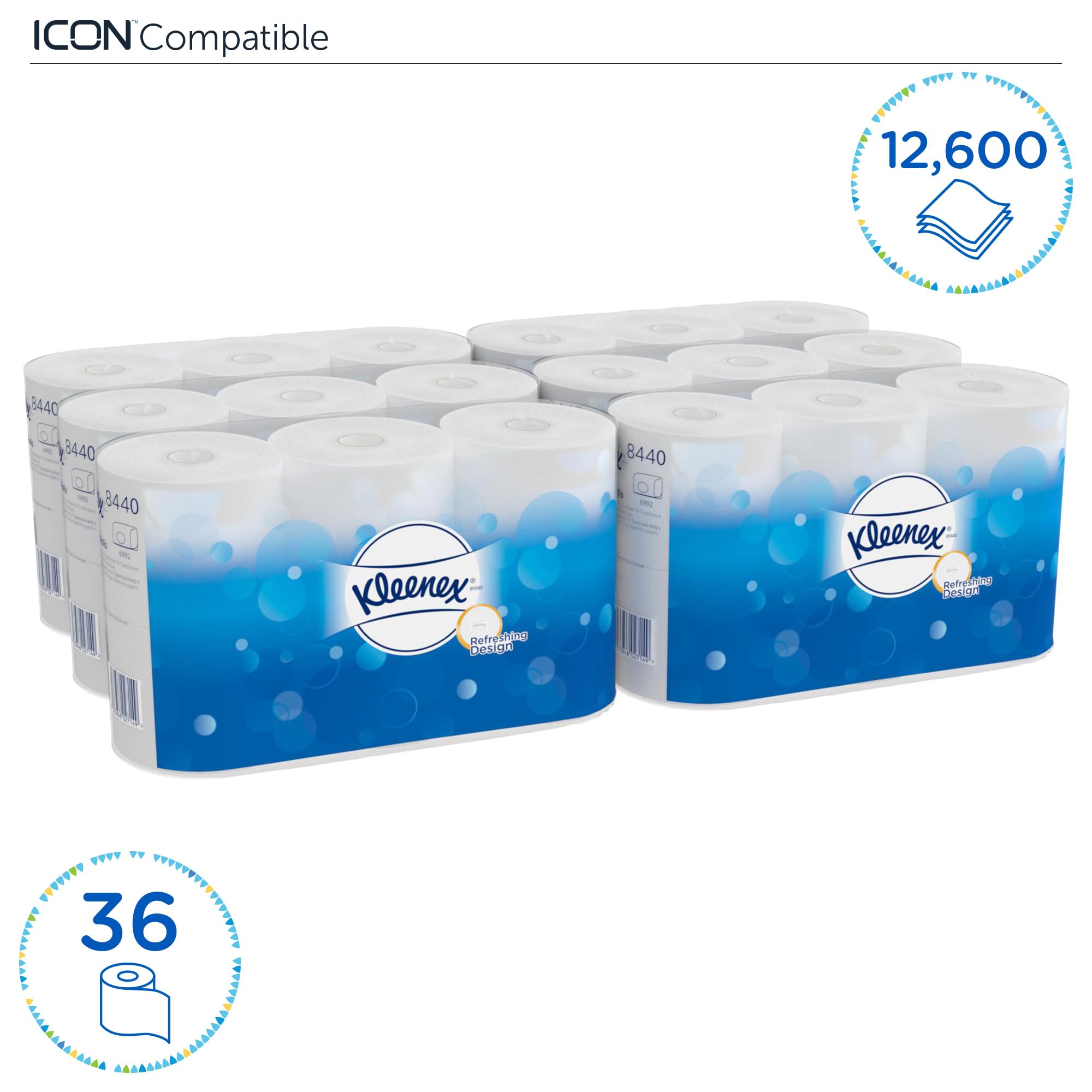 Kleenex, 8440, standardowe rolki chusteczek toaletowych, 3-warstwowe, białe, 36 rolek x 350 arkuszy