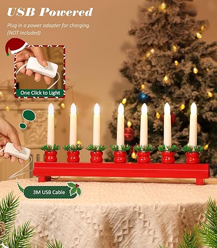 Miniatura 5 de Lewondr Candelabro eléctrico de Navidad con 7 velas cónicas sin llama, luz de puente de vela de madera alimentada por USB para decoración de ventana