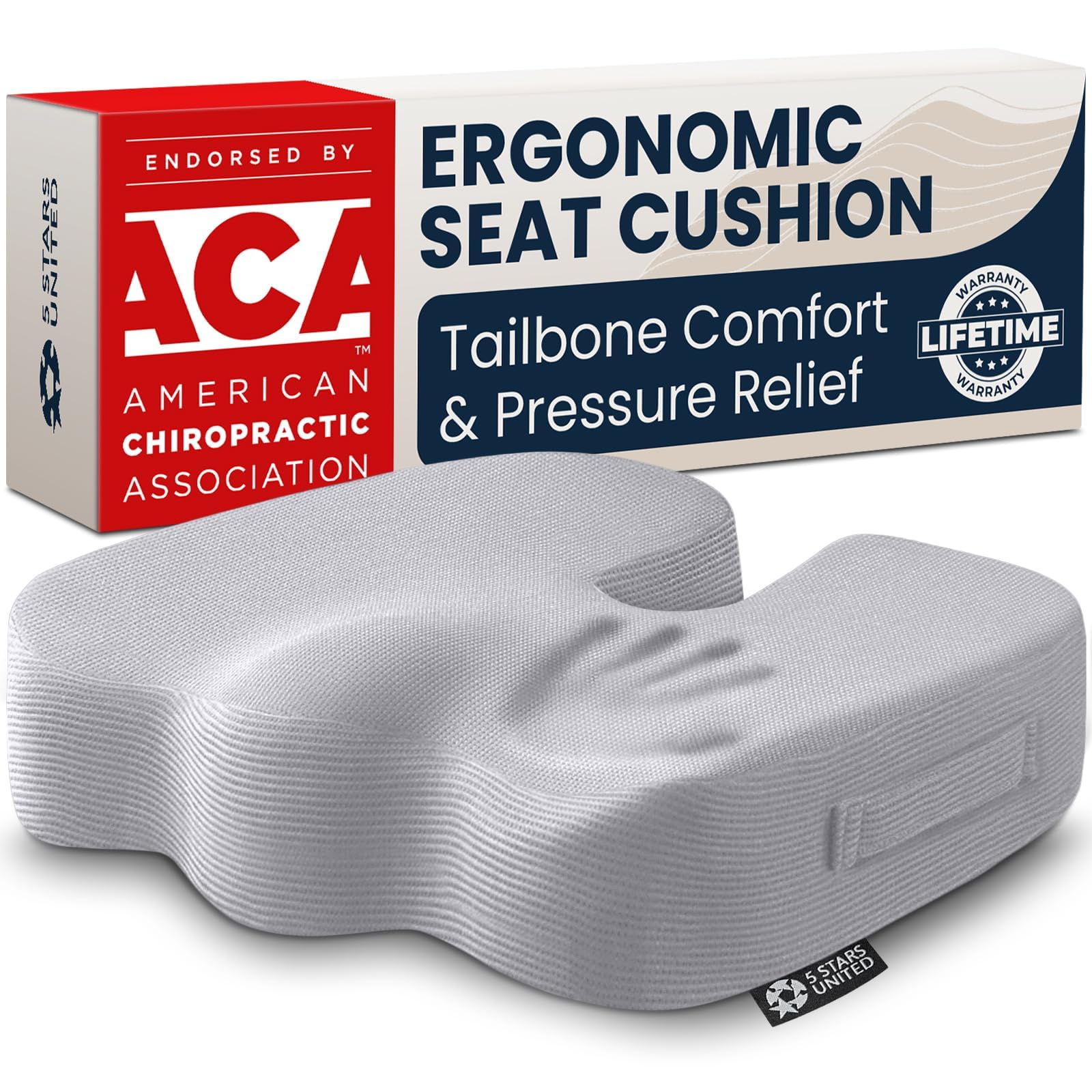 5 STARS UNITED Seat Cushion - Memory Foam Chair Pad for Tailbone Pain Relief - Ergonomic Support for Coccyx, Sciatica &amp; Butt - Office, Desk &amp; Gaming Chair, Car Seat, Wheelchair, Airplane, L Gray