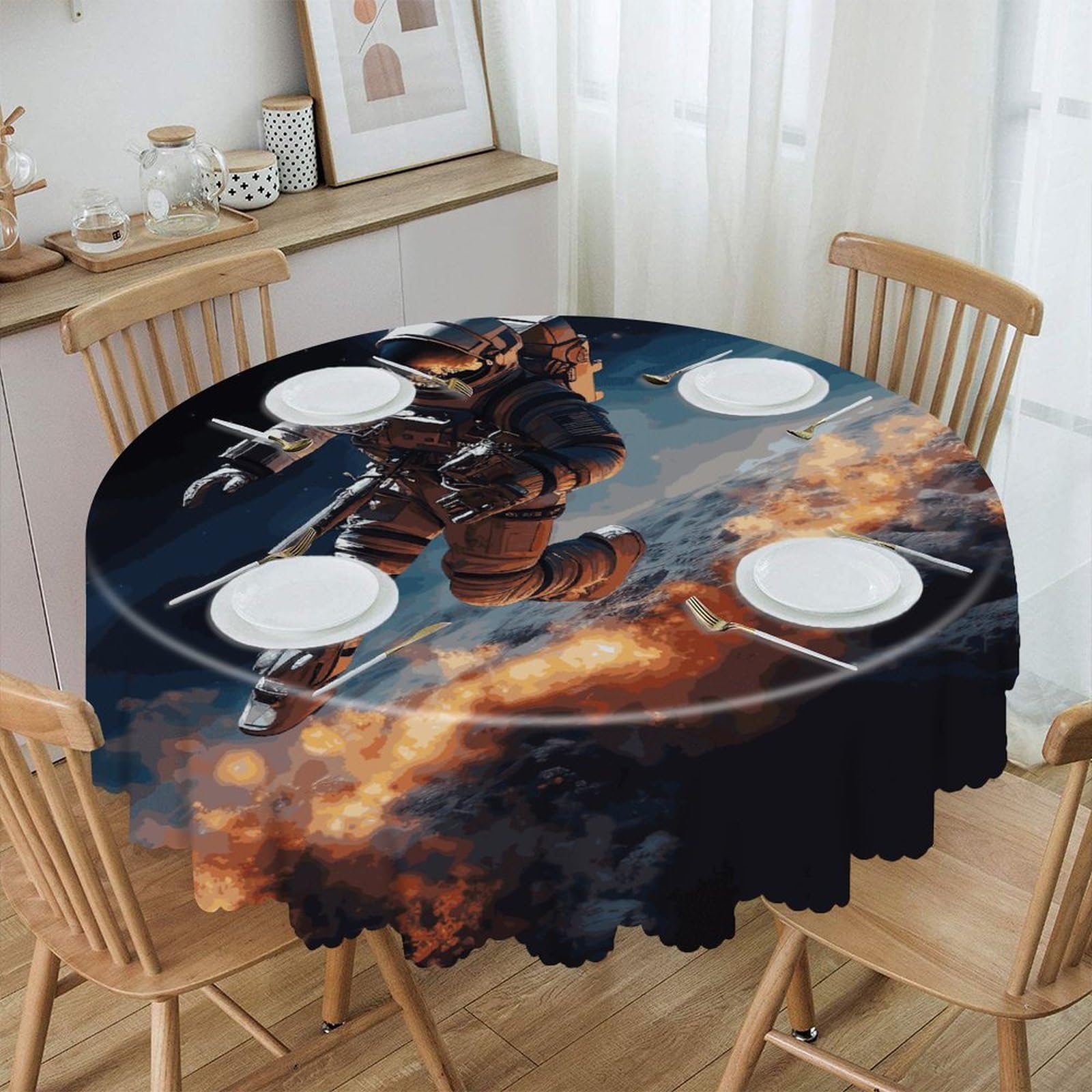 FekiLoot 60 Inch Round Astronaut Flying in Space Tablecloth Waterproof Heavy Duty Polyester Table Cloth Spill-Proof Wipeable Table Cover Decorative Circle Dining Tablecover for Party Outdoor