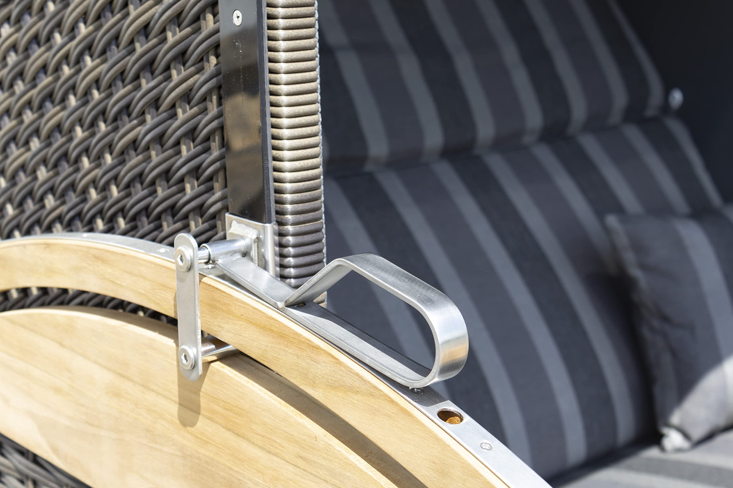 Strandkorb Teak XL 2-Sitzer aufgebaut mit Bullaugen Lifter Rollen Hülle Kissen Polster anthrazit-gestreift, 45293