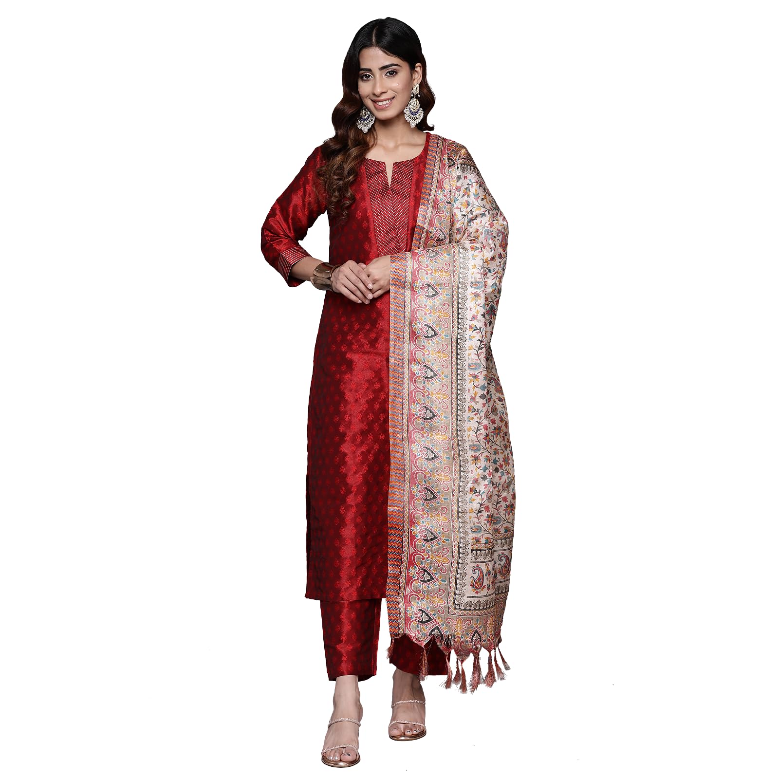 Varanga Women Maroon Woven Zari Embroidered Straight Kurta With Bottom And Dupatta, Round Neck, Zari Work At Placket, Three-Quarter Sleeves, Side Slit, Bhagalpuri Printed Dupatta