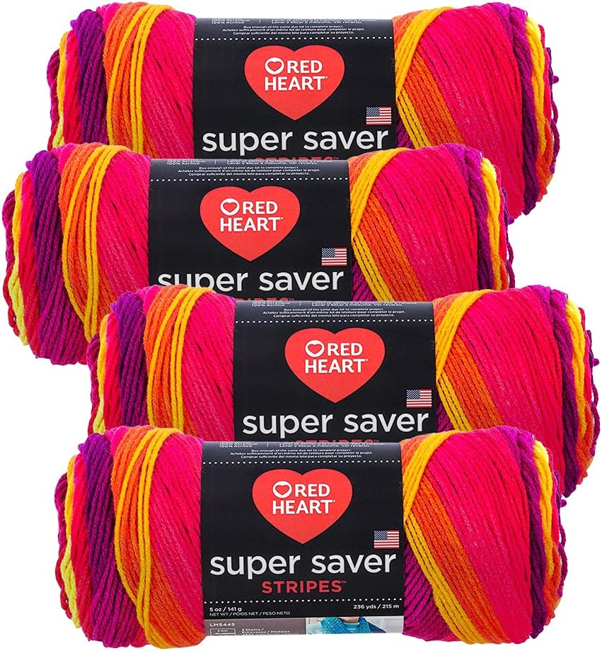Red Heart Super Saver Yarn (4-Pack of 5oz Skeins) (Fruity Stripe)