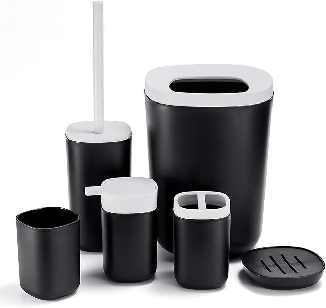 GERUIKE Bathroom Accessory Set 6 Pieces Plastic Bathroom Accessories Toilet Brush, Toothbrush Holder, Plastic Cup, Soap Dish, Trash Can, Lotion Dispenser (Black)
