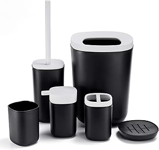 GERUIKE Bathroom Accessory Set 6 Pieces Plastic Bathroom Accessories Toilet Brush, Toothbrush Holder, Plastic Cup, Soap Di...