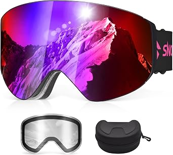 Snowalva Ski Goggles, Snowboard Goggles with 2 UV400 Anti-Fog Detachable Magnet Lenses for Men & Women Adult