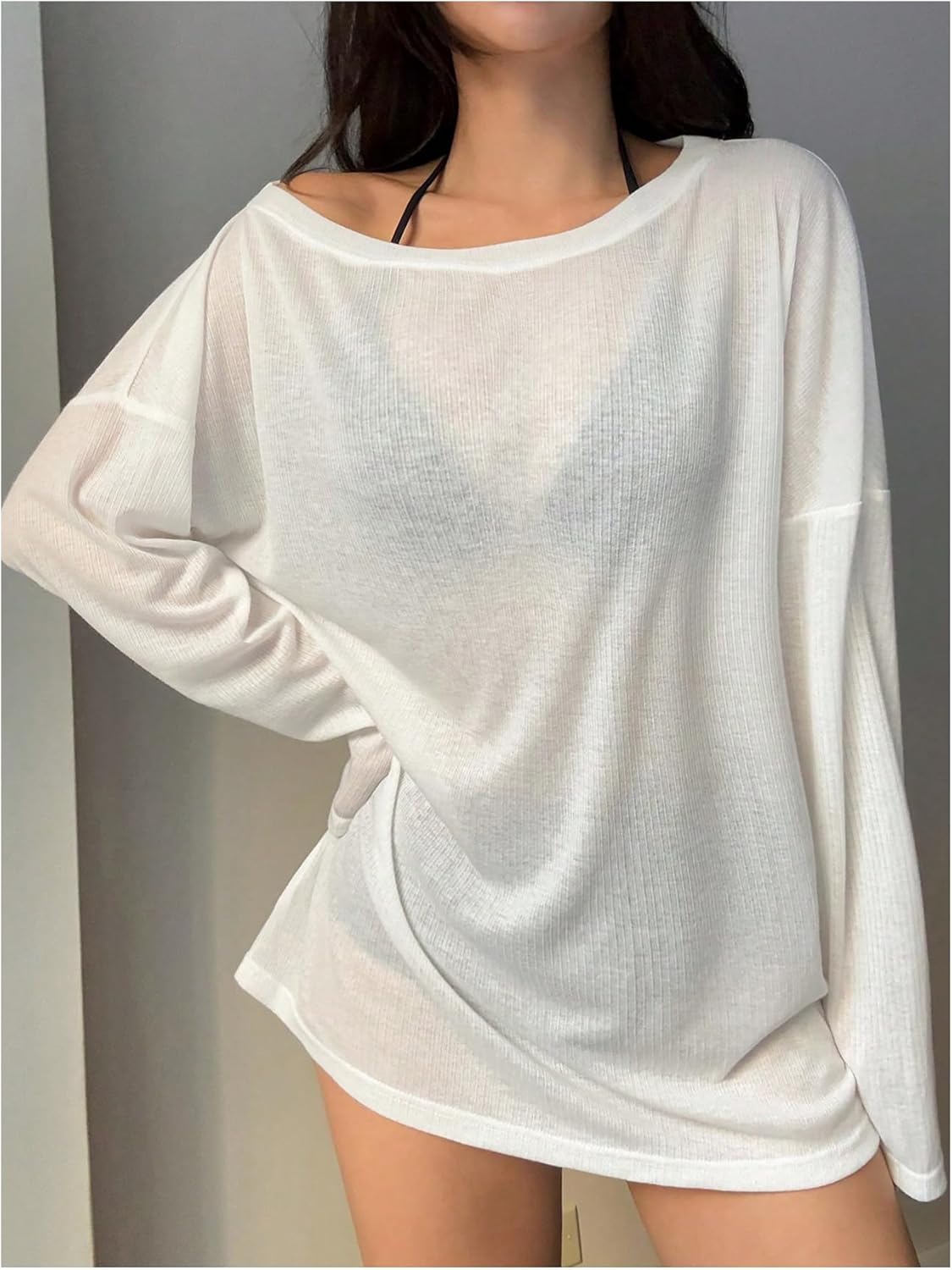 Women's Off Shoulder Swimsuit Coverup See Through Long Sleeve Bathing Suit Cover Up Beachwear - Image 4