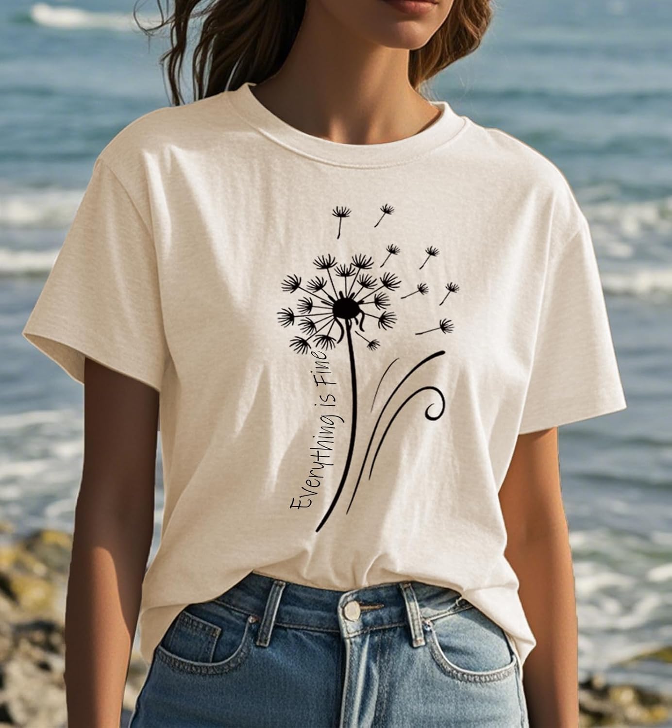 Womens t Shirts Short Sleeve Casual Summer Loose Round Neck Everything is Fine & Dandelion Graphic Tops for Women - Image 3