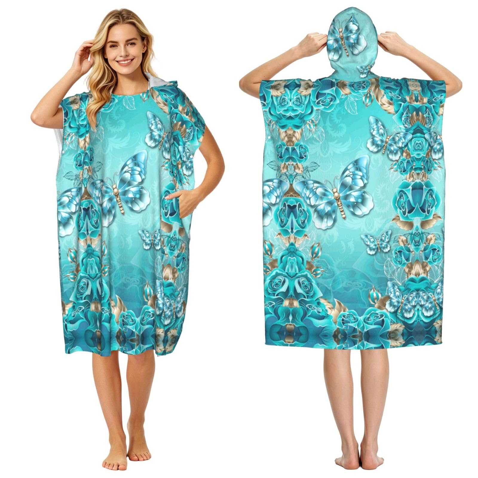 Peignoir tissu éponge léger imprimé papillon avec capuche enveloppante