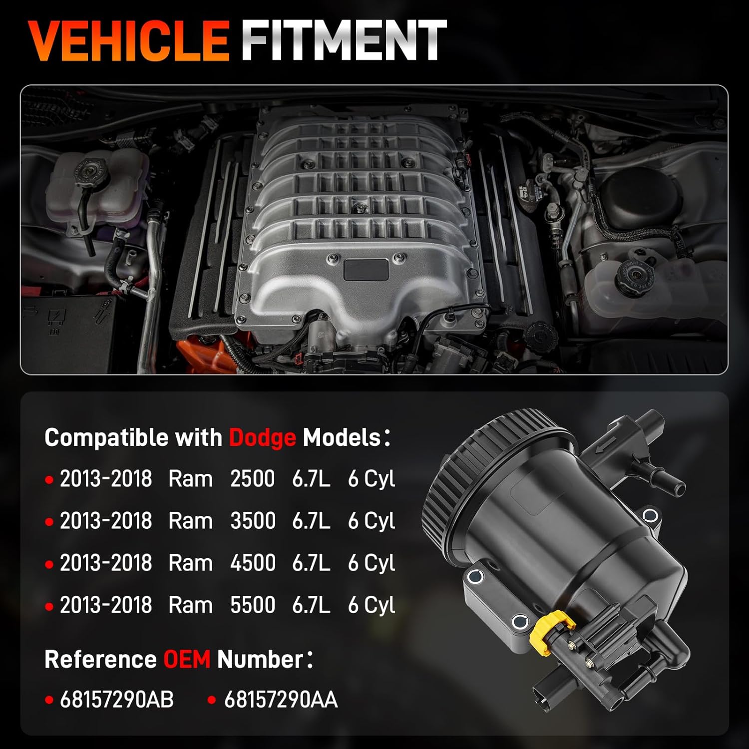 Fuel Filter Housing Assembly Compatible with 2013-2018 Dodge Ram 2500 3500 4500 5500 6.7L Cummins Turbo Diesel Engine Replaces # 68157290AB 68157290AA