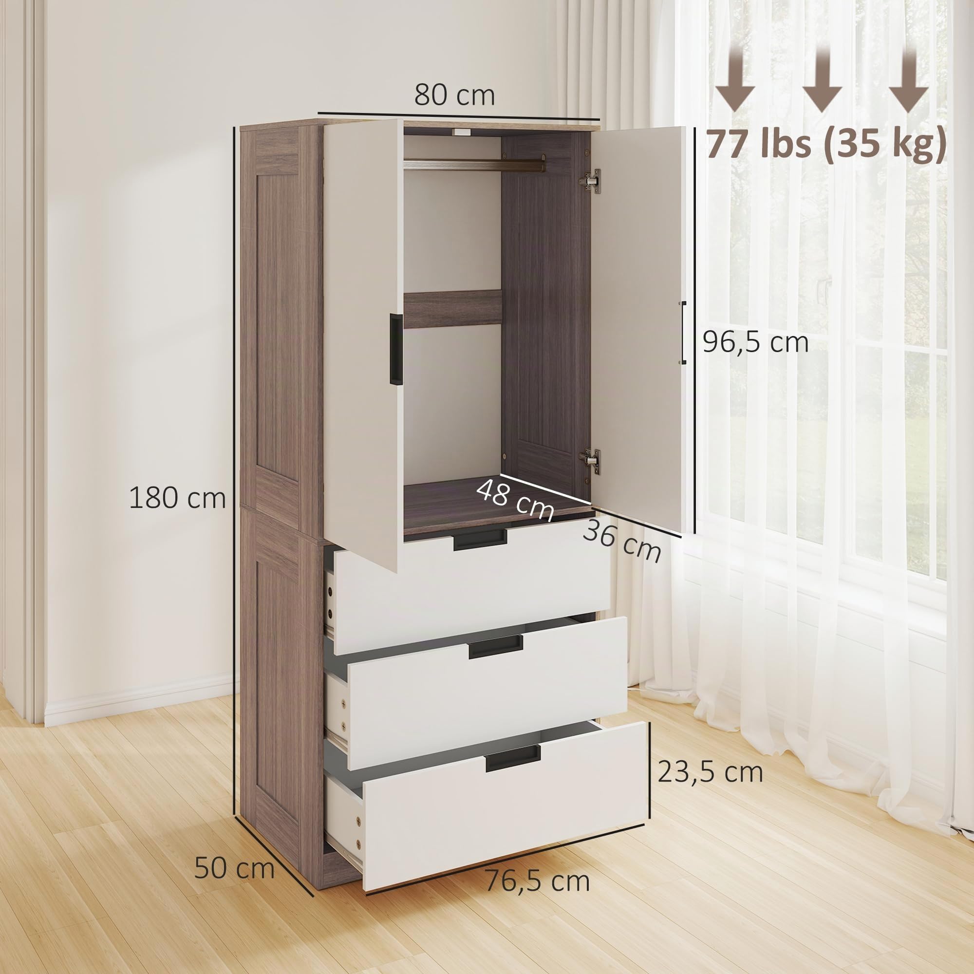 HOMCOM Armario Moderno para Dormitorio de Adulto con 3 cajones y Barra para Colgar, Dim. 80W x 50D x 180H cm, marrón
