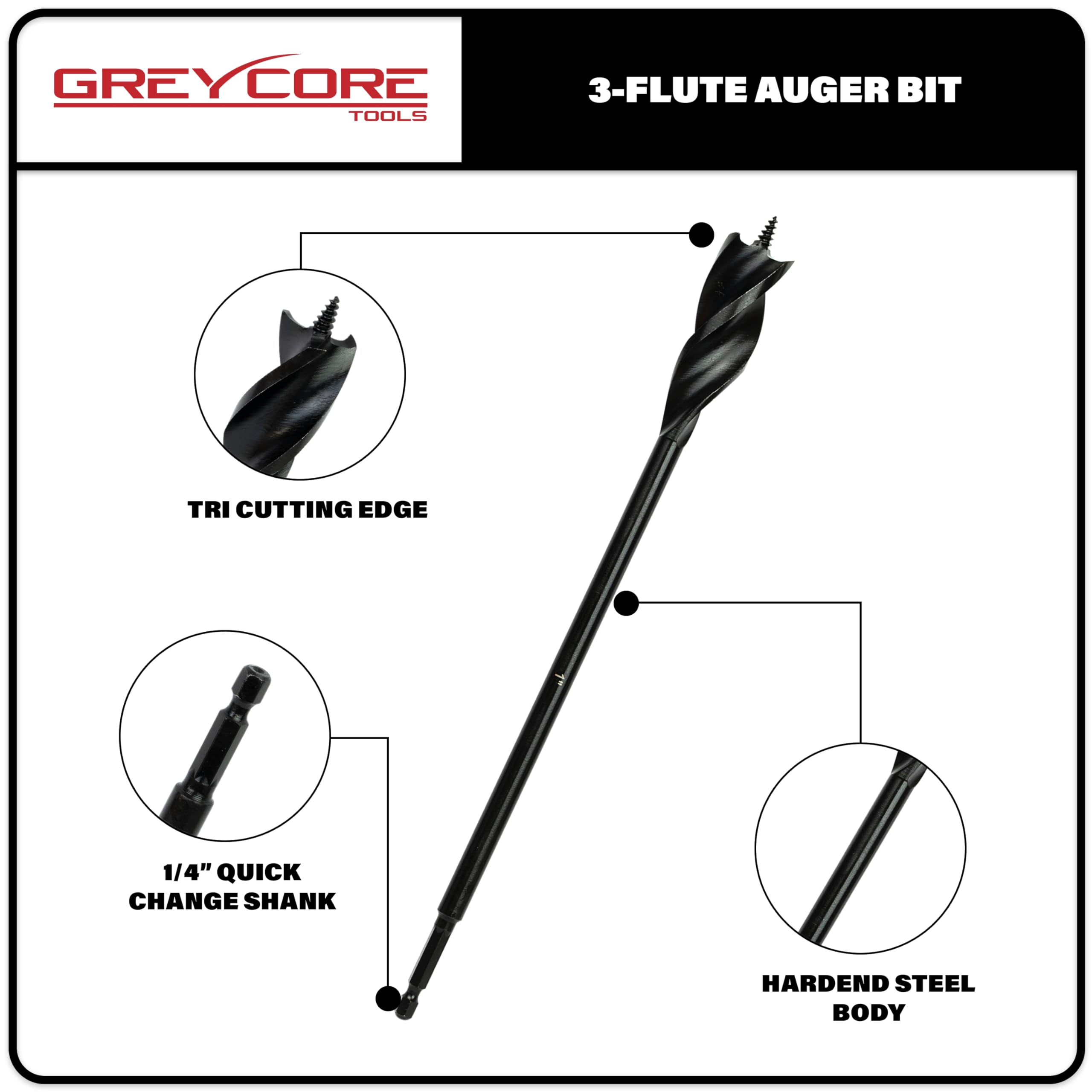 Greycore Tools - Juego de brocas de barrena de 3 flautas de 16 pulgadas, 1/2 x 16 pulgadas, 3/4 x 16 pulgadas, 1 x 16 pulgadas (juego de 3 piezas de 16 pulgadas)