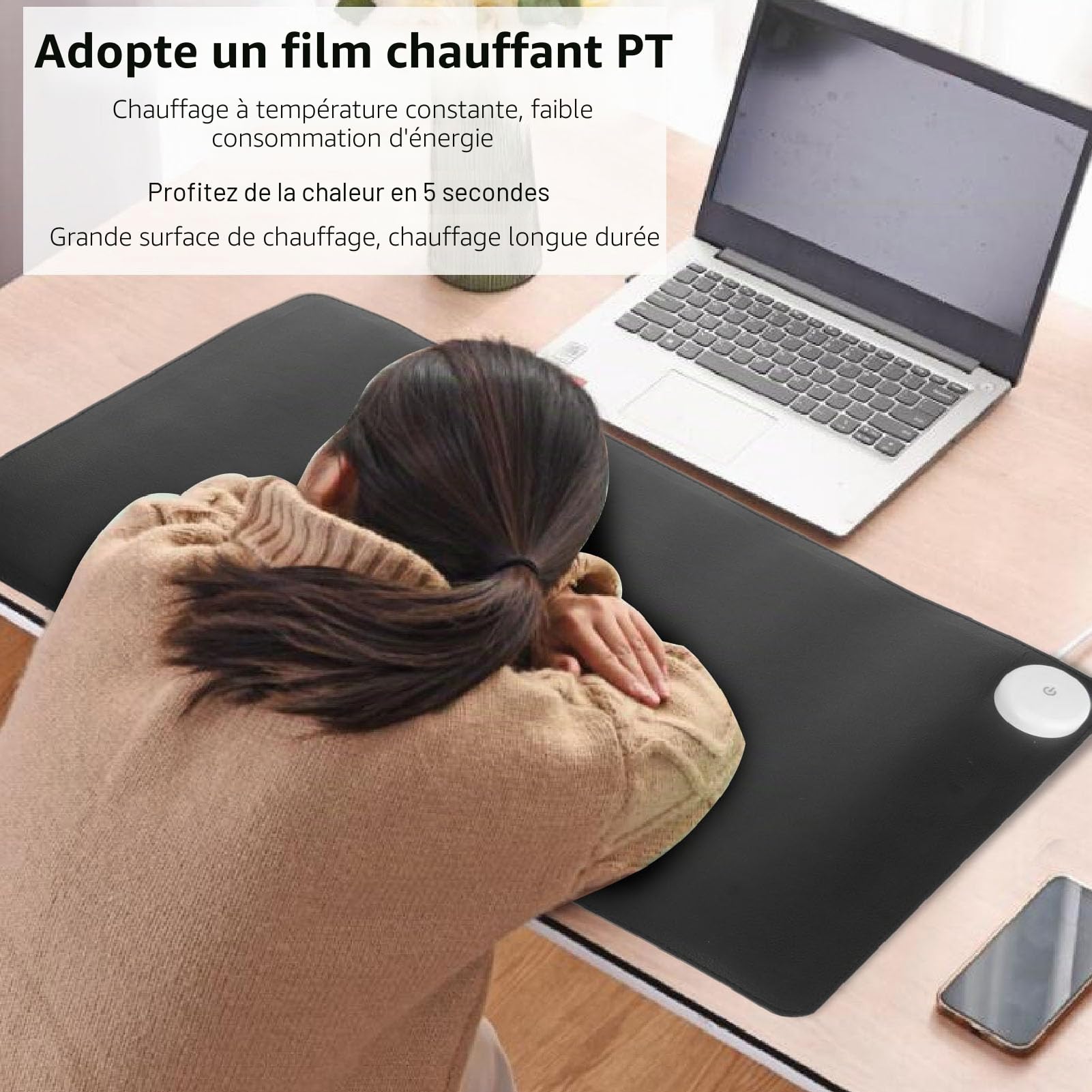 Annadue Tapis de Bureau Chauffant en Cuir PU, Tapis de Souris et Clavier, 60 x 36 cm, avec 3 Niveaux de Chaleur, pour les Mains