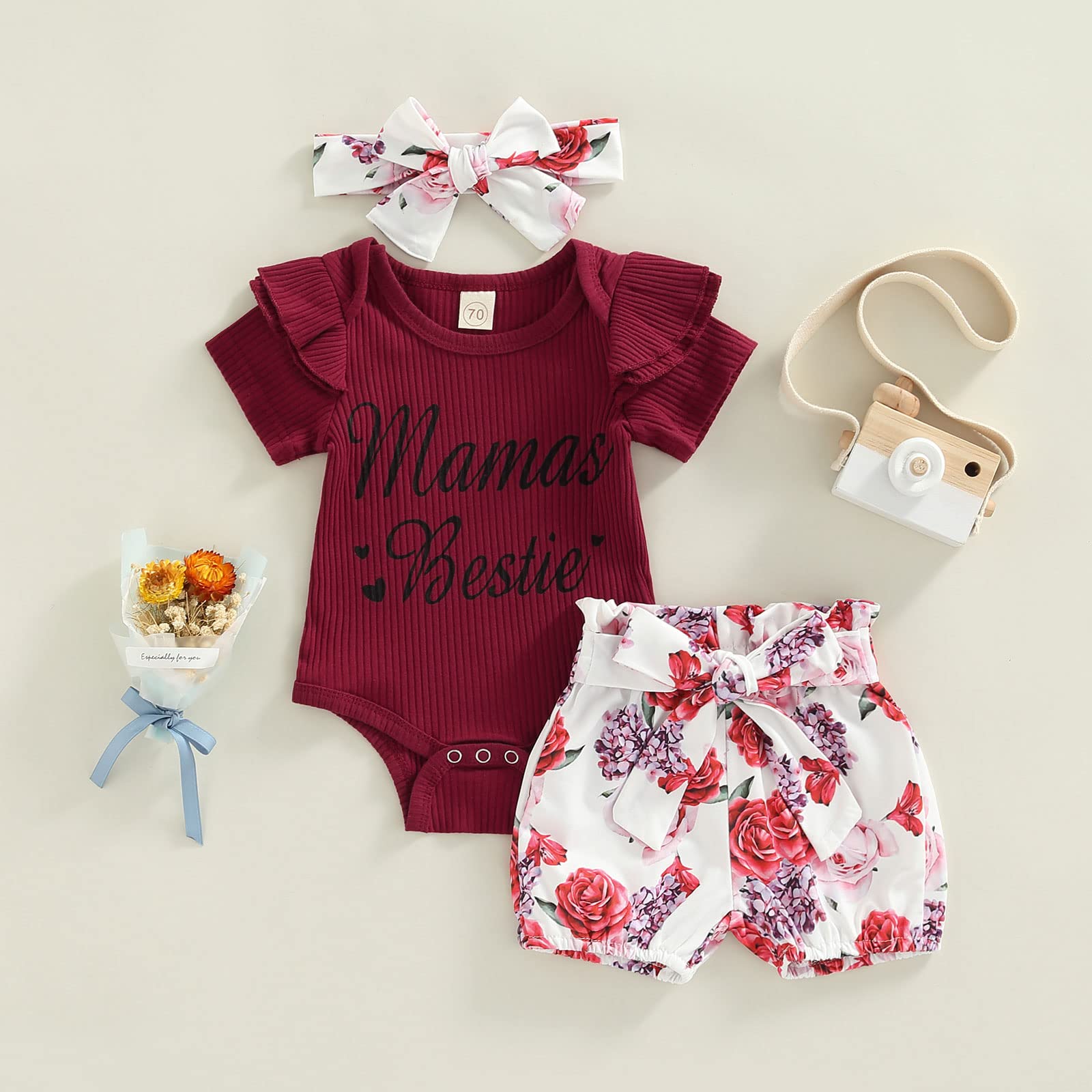 Mama's Bestie Baby Girl Outfits, Baby Girl Romper Ruffle Sleeve Ribbed Bodysuit Mamas Girl Baby Girl Outfit