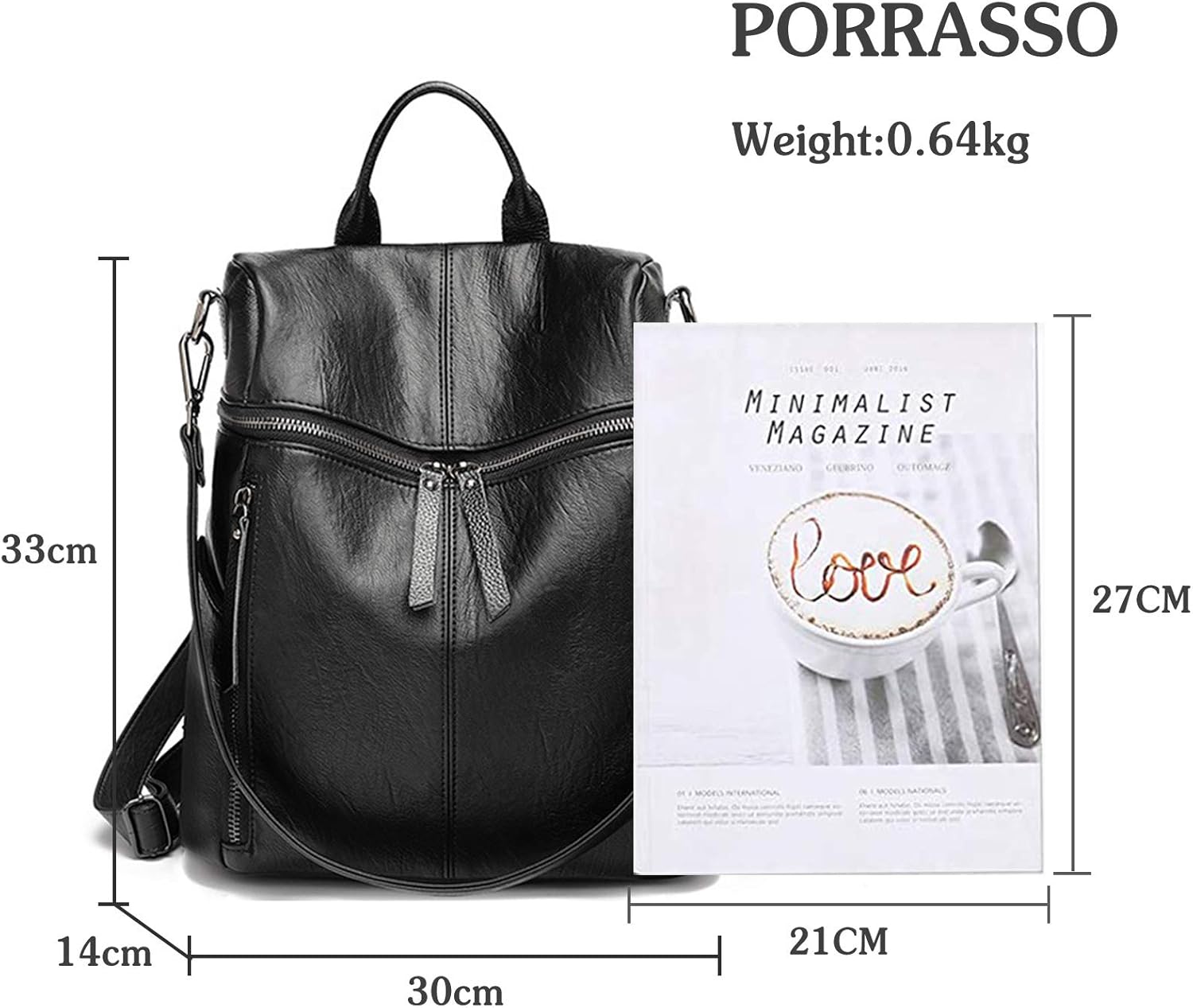 PORRASSO Fashion Backpack Women Shoulder Bag Waterproof Daypack Ladies Leather Rucksack Travel Work Knapsack Black - Image 3