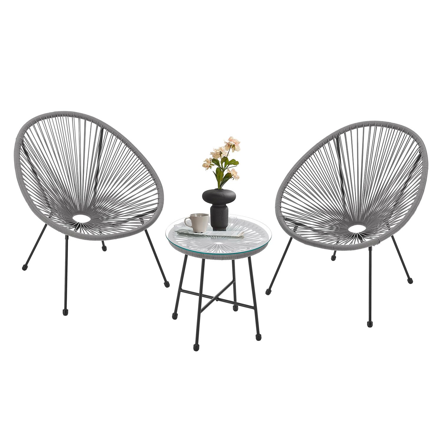 Juskys Set di mobili da balcone Ostana 3 pezzi - Tavolo e 2 poltrone - Elegante gruppo di seduta per balcone, terrazza e giardino - Set di mobili da giardino per balcone Grigio chiaro