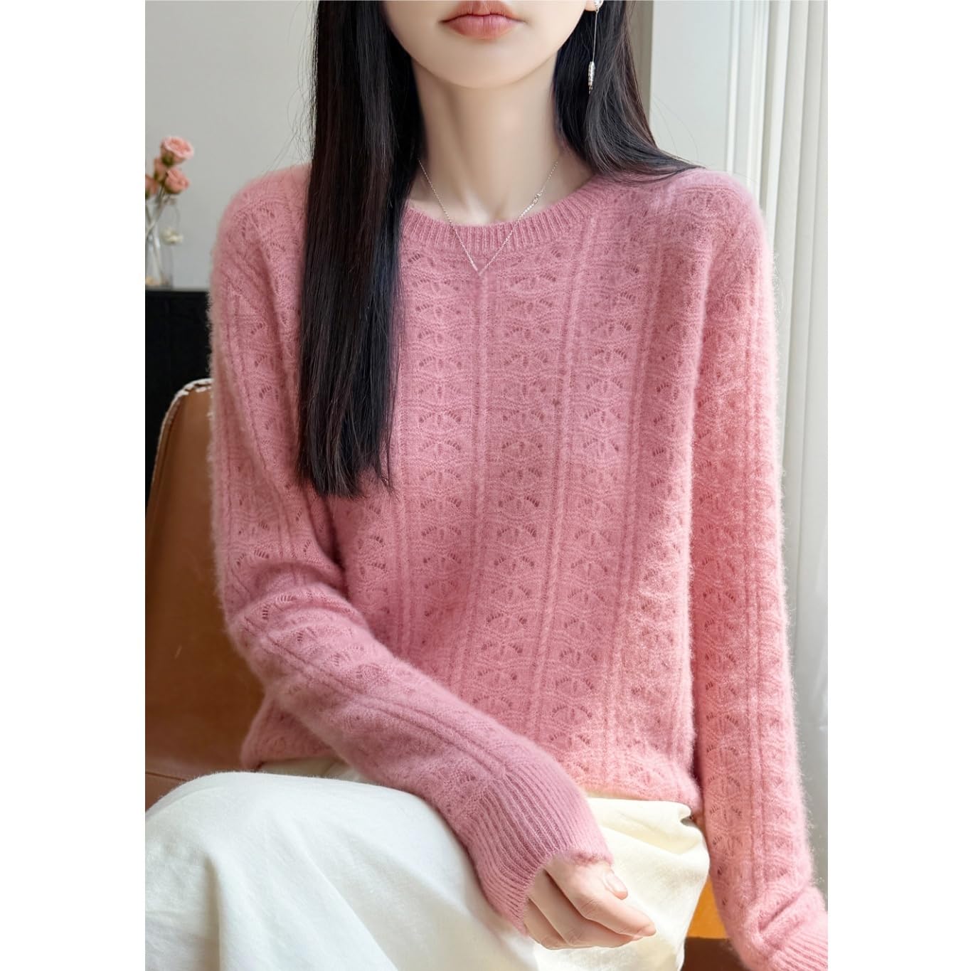 Damen Wollpullover Lässig Langärmelig Durchbrochenes Strickmuster Rundhal