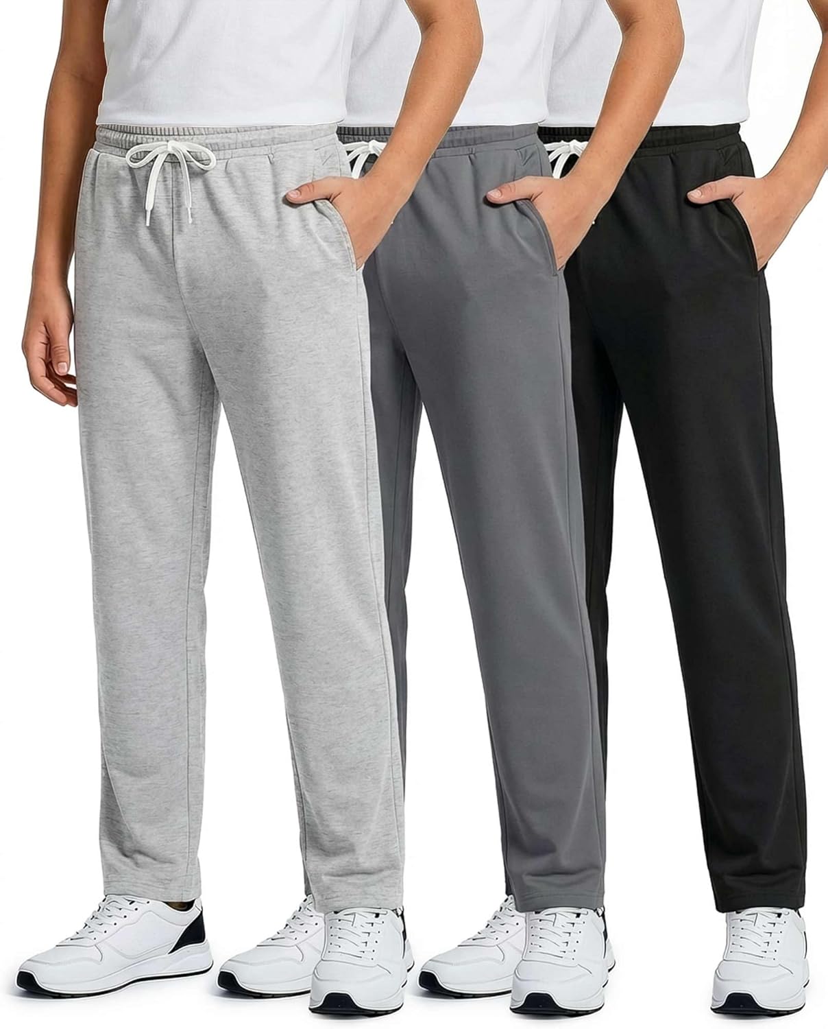 Real Essentials 3 Pack: Boys' French Terry Open Bottom Sweatpants Sweats for School Kids Teens with Pockets (Size 4-18)