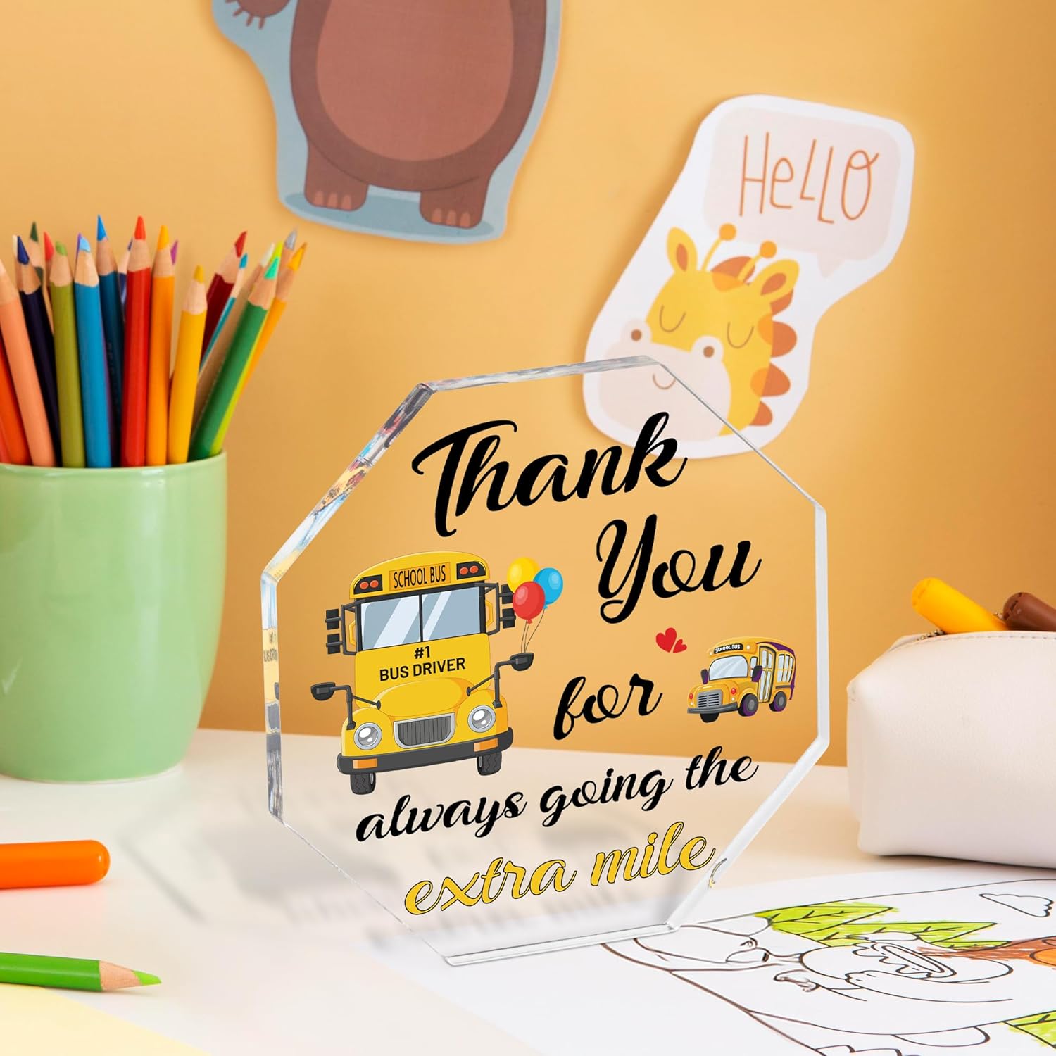 WATINC Bus Driver Appreciation Gifts - Thank You School Bus Drivers for Women Men, Acrylic Octagon Graduation Awards Table Centerpiece Sign, Thanks Buses Desk Decor for Farewell Birthday