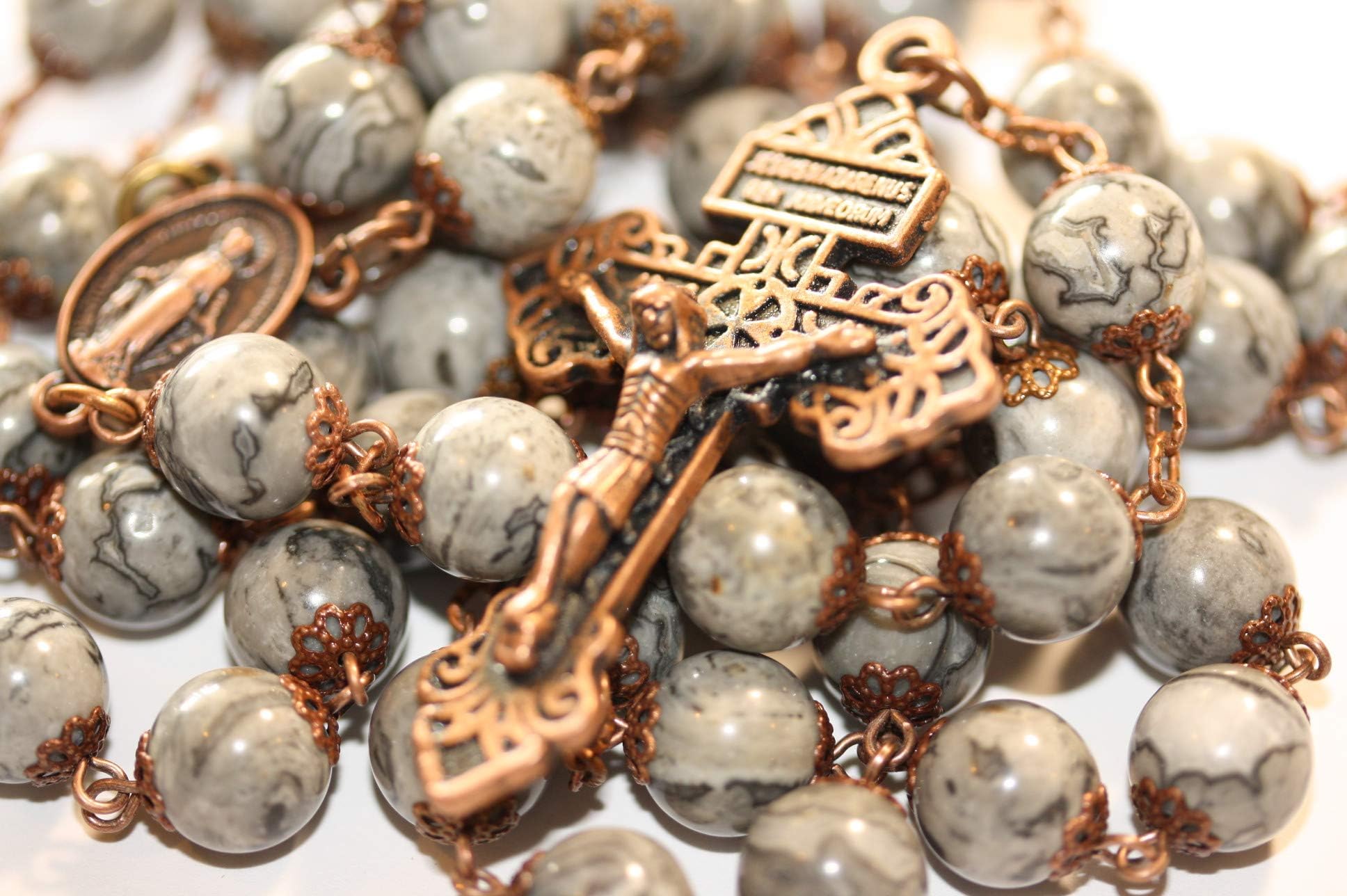 10mm Large Grey Lace Jasper Rosary in Copper with Pardon Crucifix made in Oklahoma