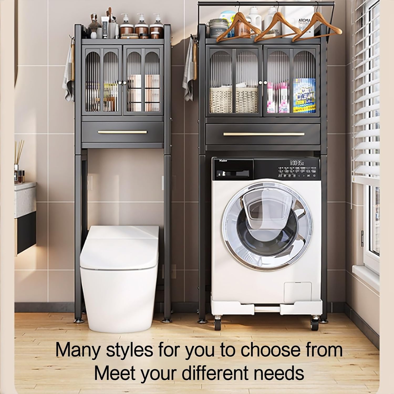 3-Tier Above Toilet Storage Shelf Over The Toilet Storage Cabinet with Double Doors Over Toilet Bathroom Organizer with Metal Frames for Bathroom cabinets Over TOI