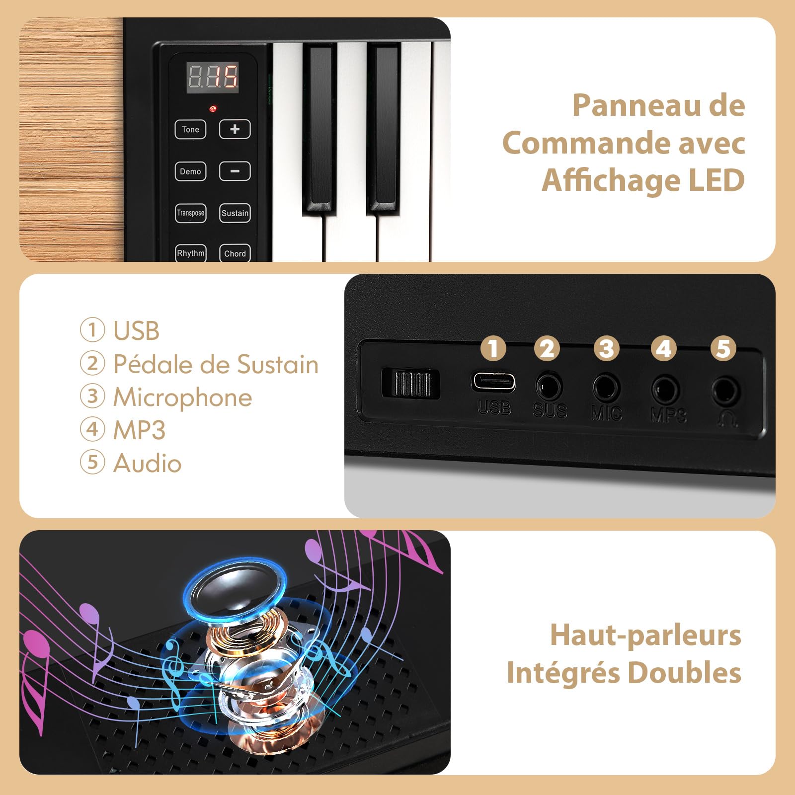 COSTWAY Piano Numérique 61 Touches Pliable avec 128 Sons & 128 Rythmes, Clavier Électronique Portable avec Fonction Bluetooth, Haut-Parleurs & Pédale de Sustain pour Enfants ou Débutants