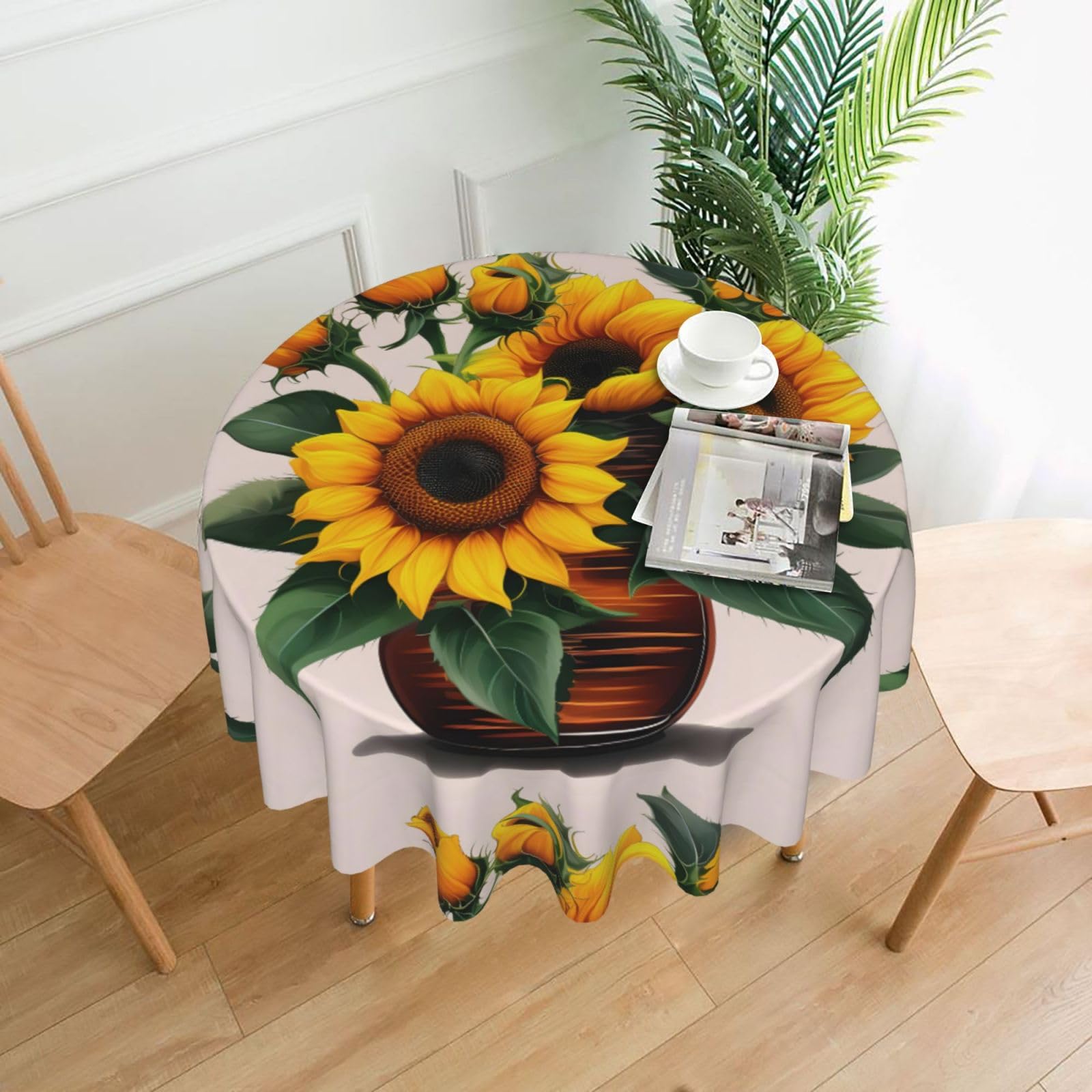 Nbtghga Sunflower And Rose Print Tablecloth Round Border Table Cloth Cover Decorative For Party Holiday Dinning Tabletop Home