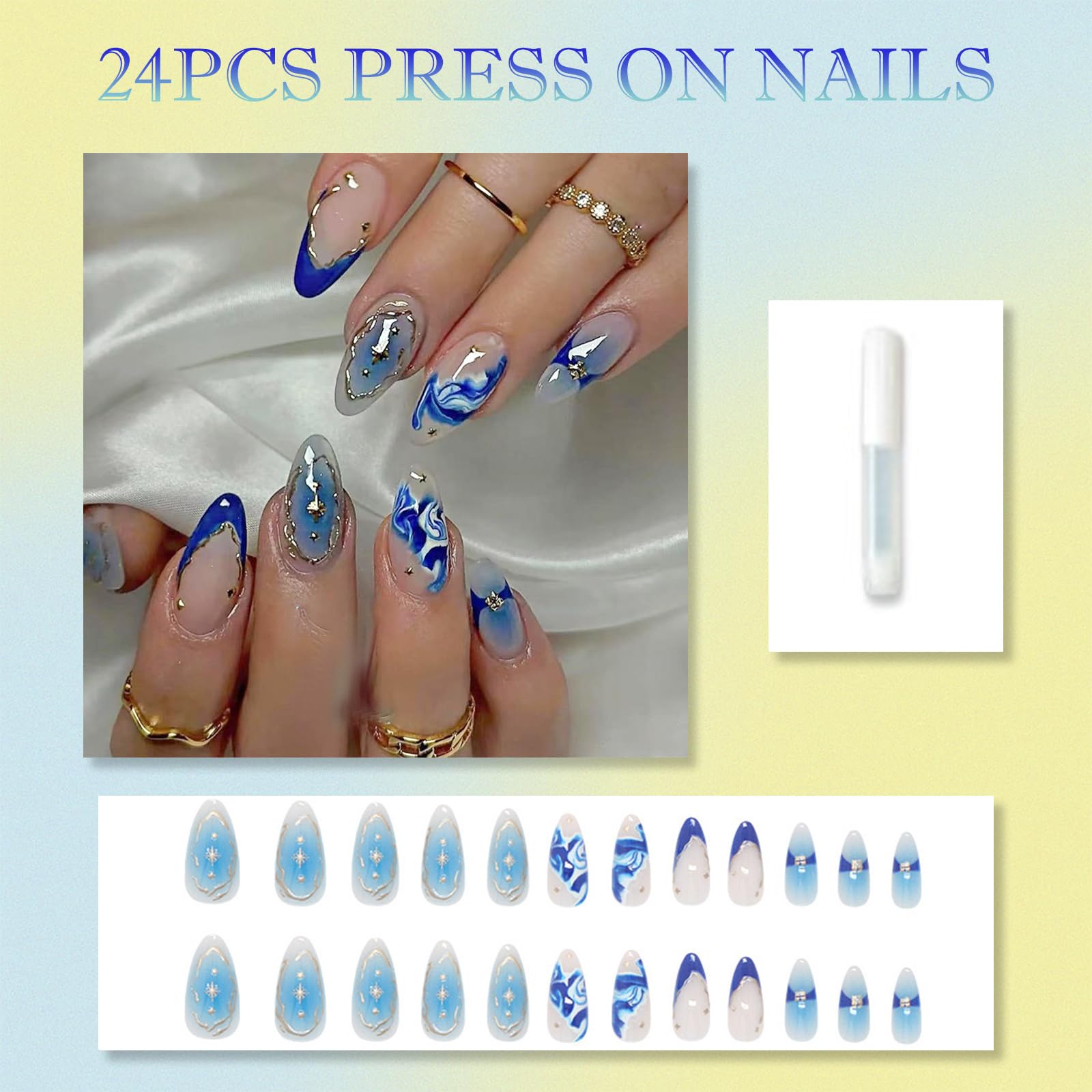 Sea Galaxy Press-On Nails with Marble & Gold Design, Blue Almond Tip, 24PCS Medium-Length Glossy False Nails Set - Image 2