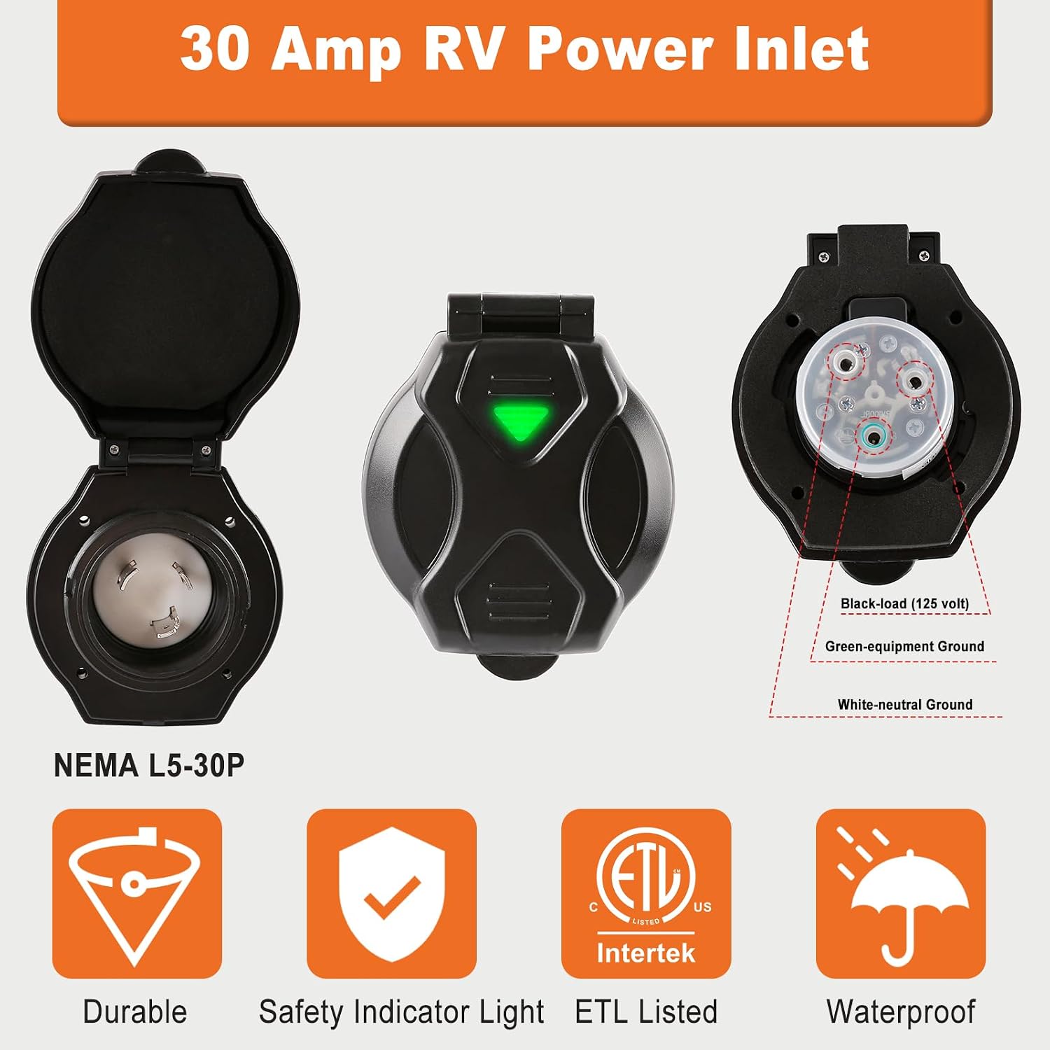 30 AMP RV Power Inlet Receptacle Power Plug with Indicator,125V,Female Twist Locking Connector with Weatherproof Cover Boot Kit for RV Trailer Boat Caravan Camper,NEMA L5-30R Black Plug