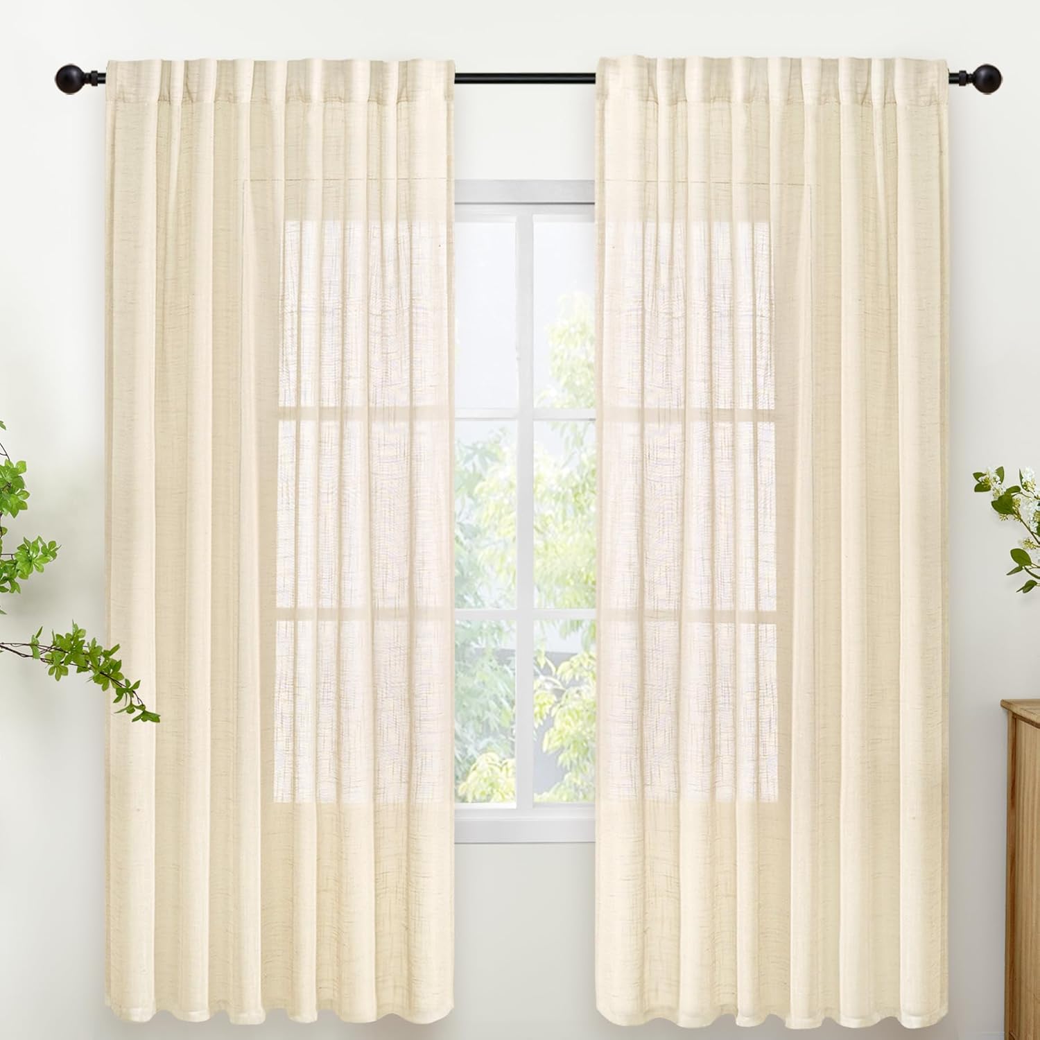 YoungsTex Beige Linen Semi Sheer Curtains 72 Inch Length for Living Room, Cream Light Filtering Window Drapes Textured Rustic with Rod Pocket Back Tab for Bedroom, 2 Panels, 52 X 72 Inch